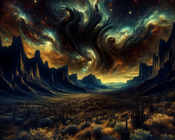 Cosmic Landscape with Mountains and Night Sky