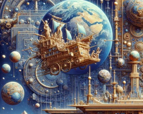 Steampunk Airship in a Cosmic Landscape with Earth