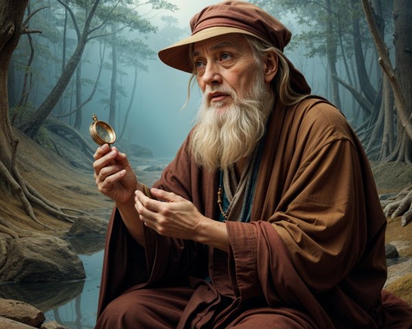 Elderly man with compass by misty riverbank scene