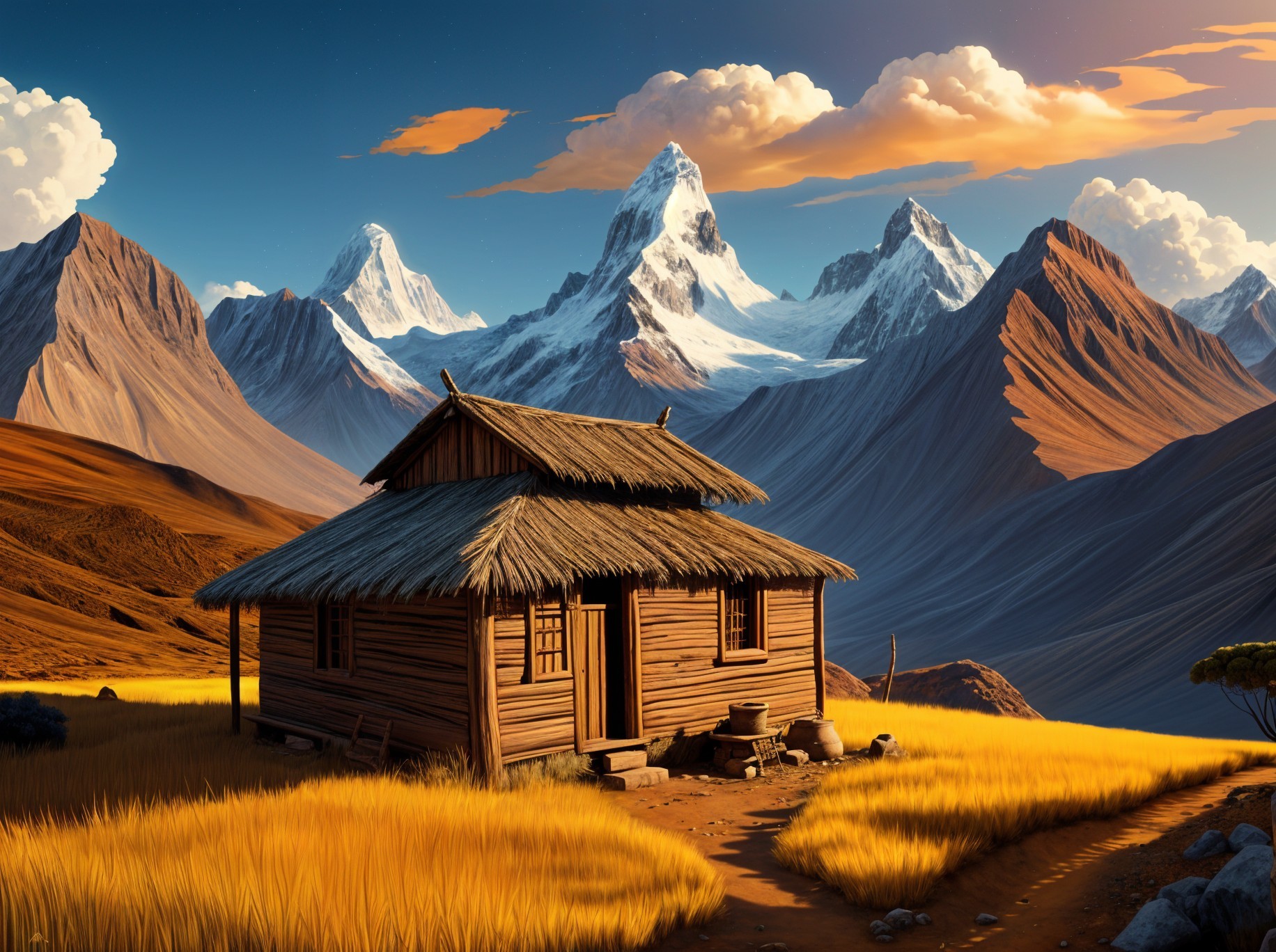 Wooden cabin in golden field with snow-capped mountains