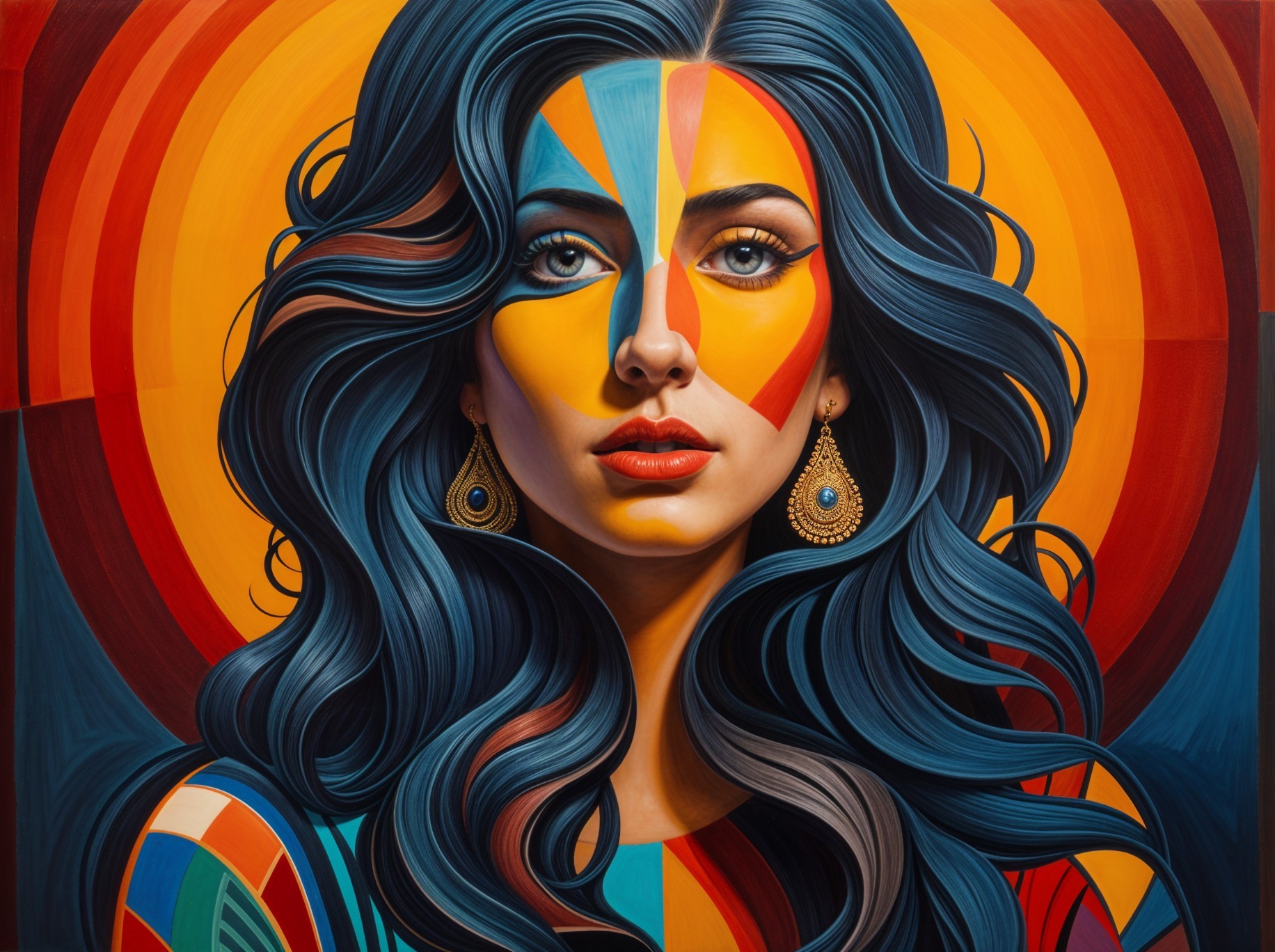Portrait of a Woman with Colorful Geometric Face Paint