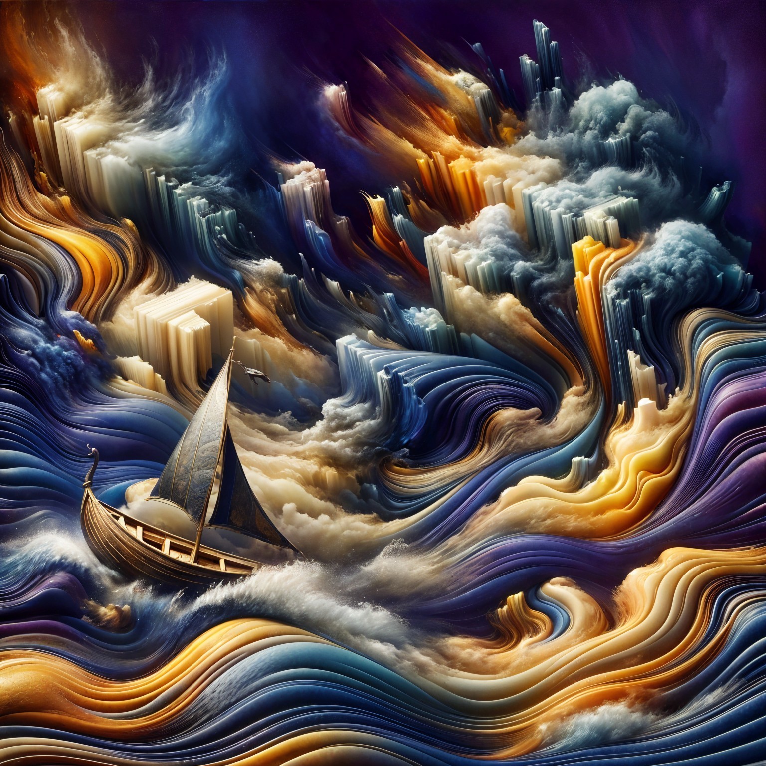 Surreal Seascape with Colorful Waves and Clouds