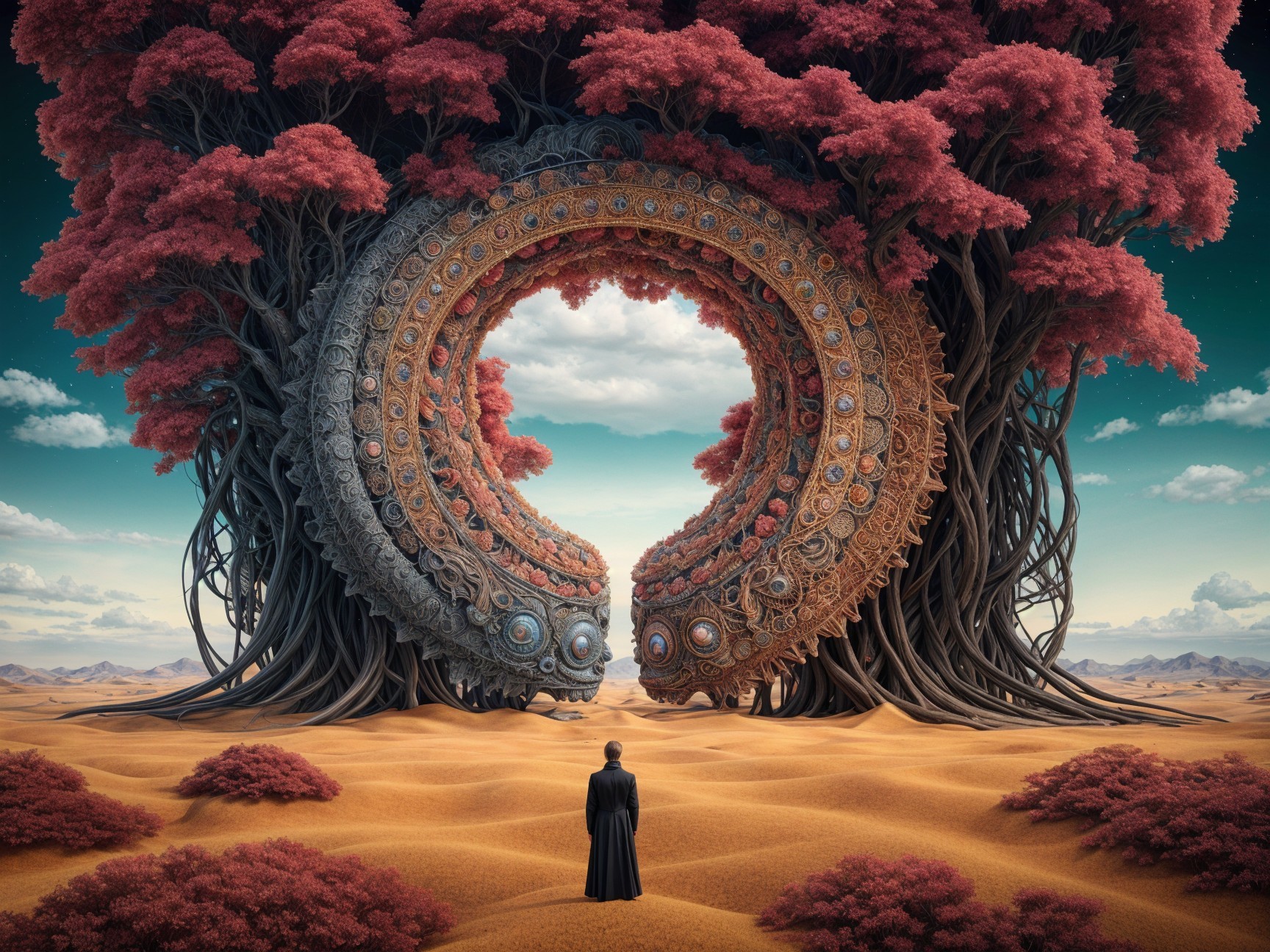 Surreal Landscape with Tree Archway and Cloaked Figure