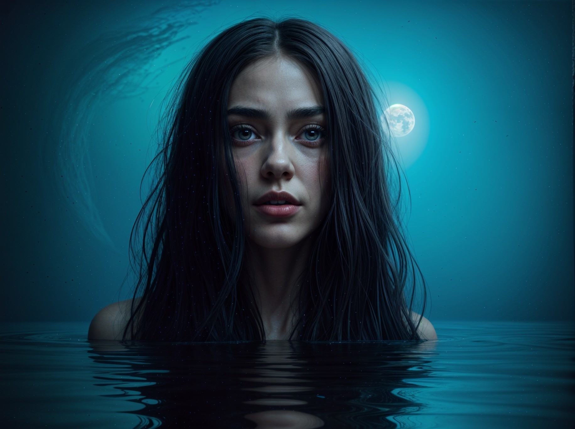 Young woman in serene water with mystical lighting