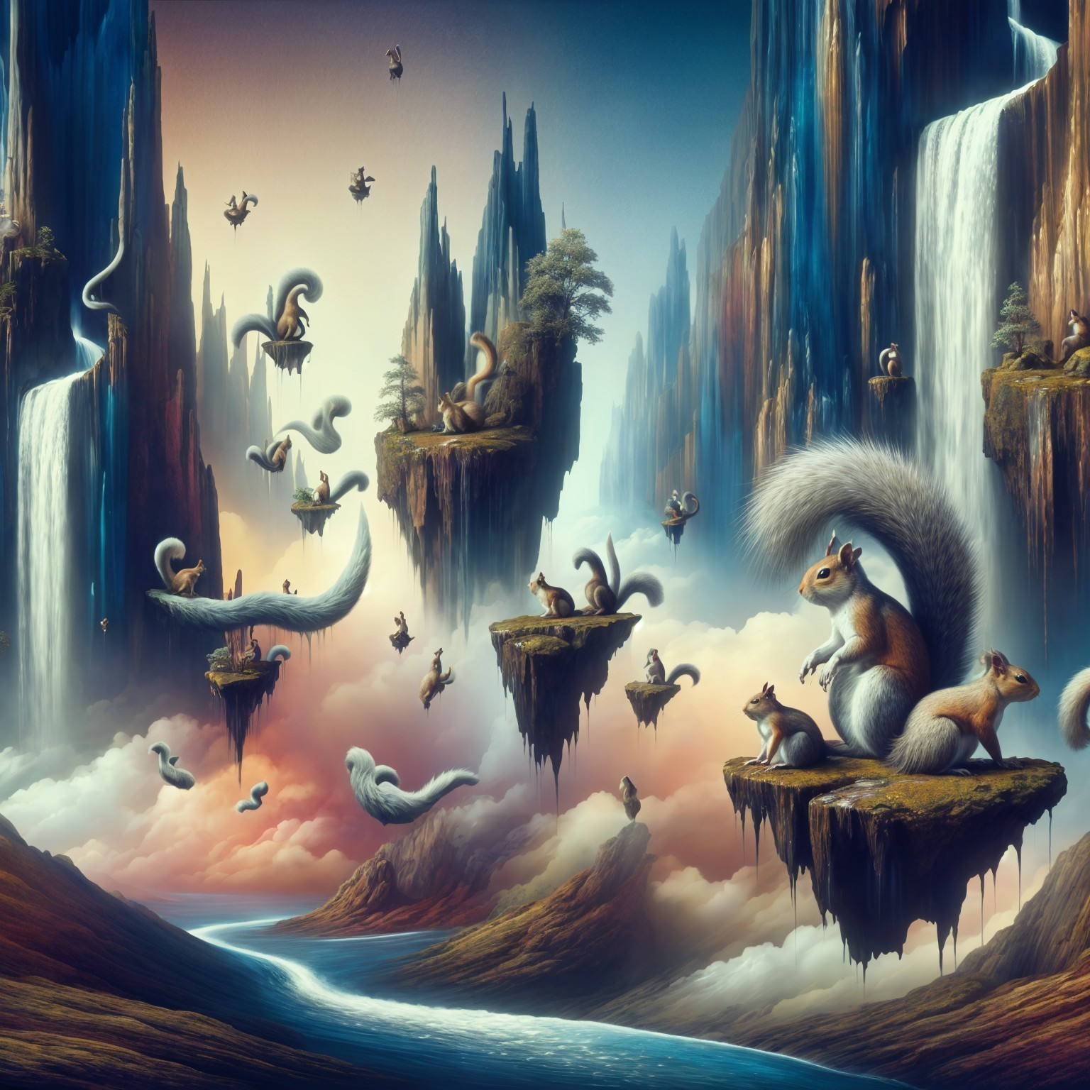 Surreal Landscape of Floating Islands and Waterfalls