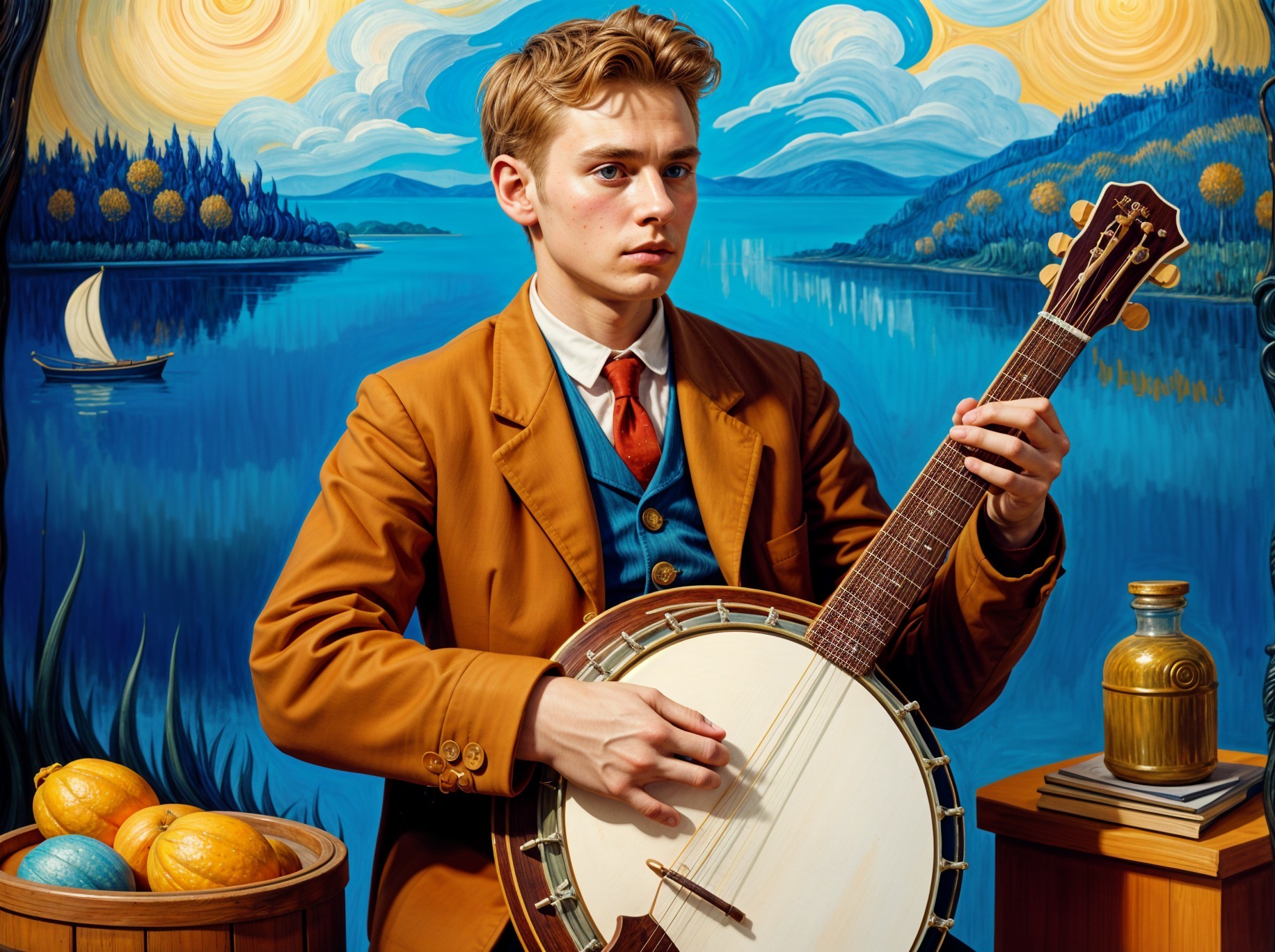 Young man in vintage suit with banjo in scenic setting