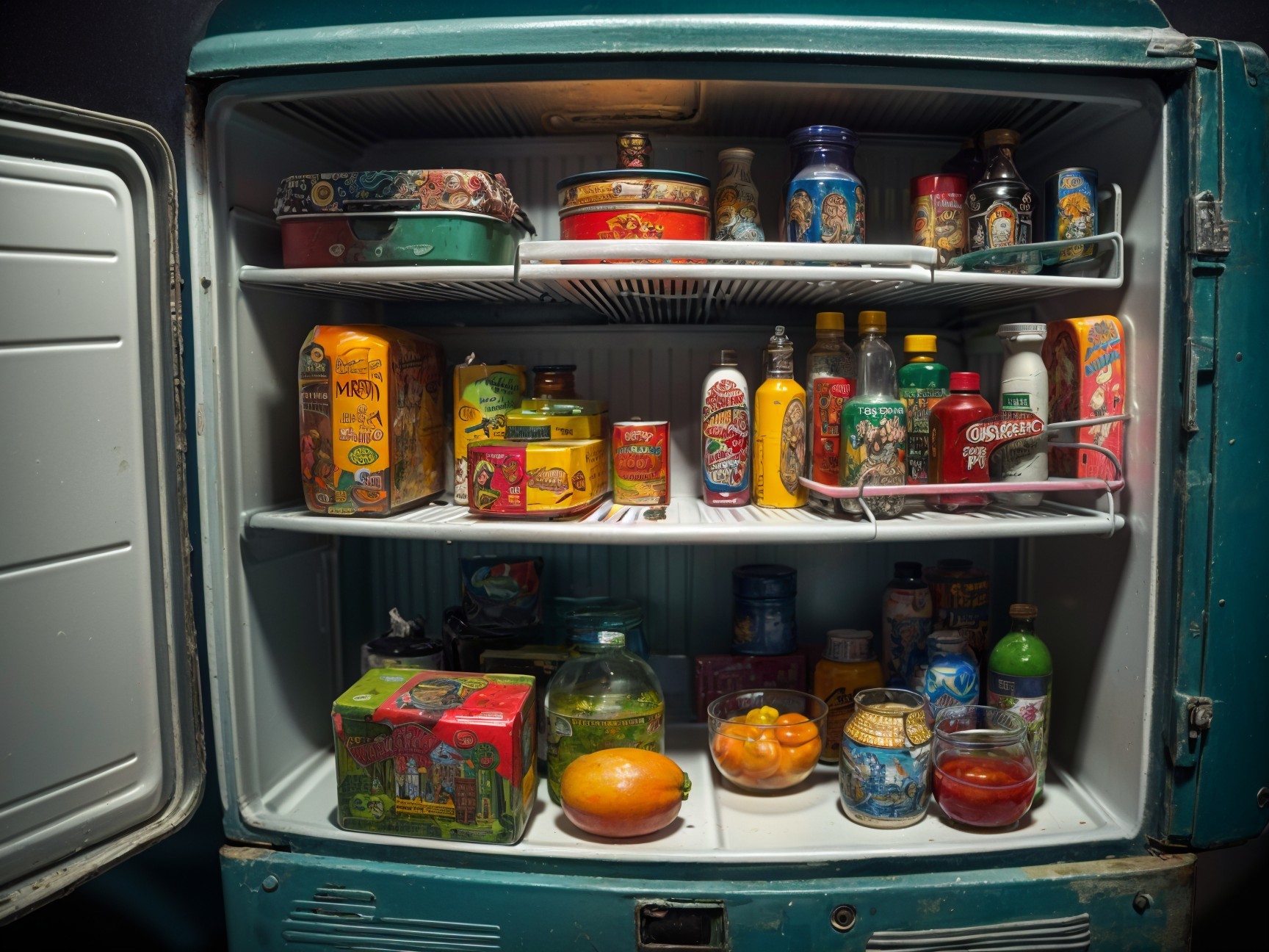 Vintage Refrigerator Filled with Colorful Food Items
