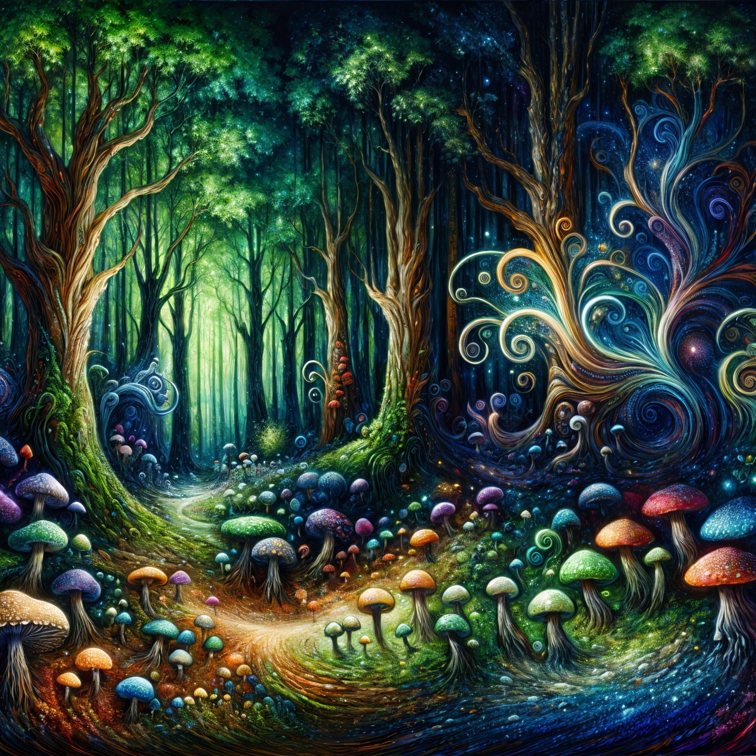 Mystical forest with oversized colorful mushrooms