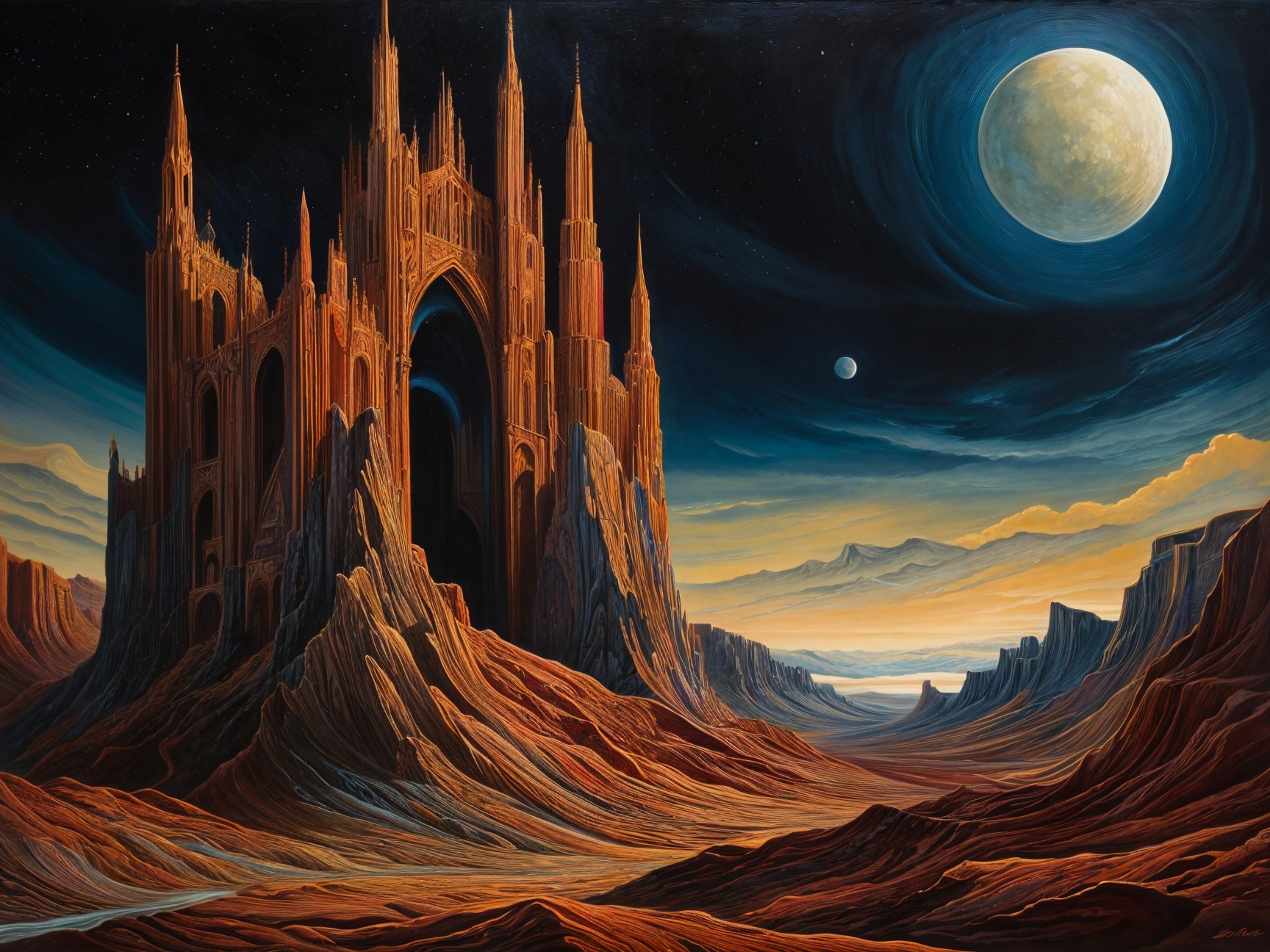 Gothic Structure Against Surreal Twilight Landscape