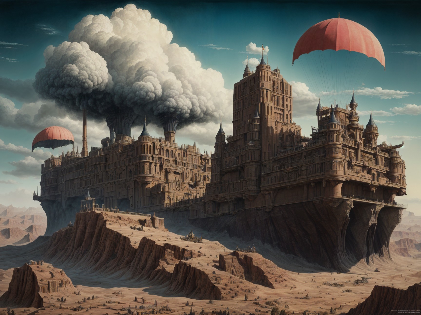 Floating Castle with Spires Above Barren Landscape