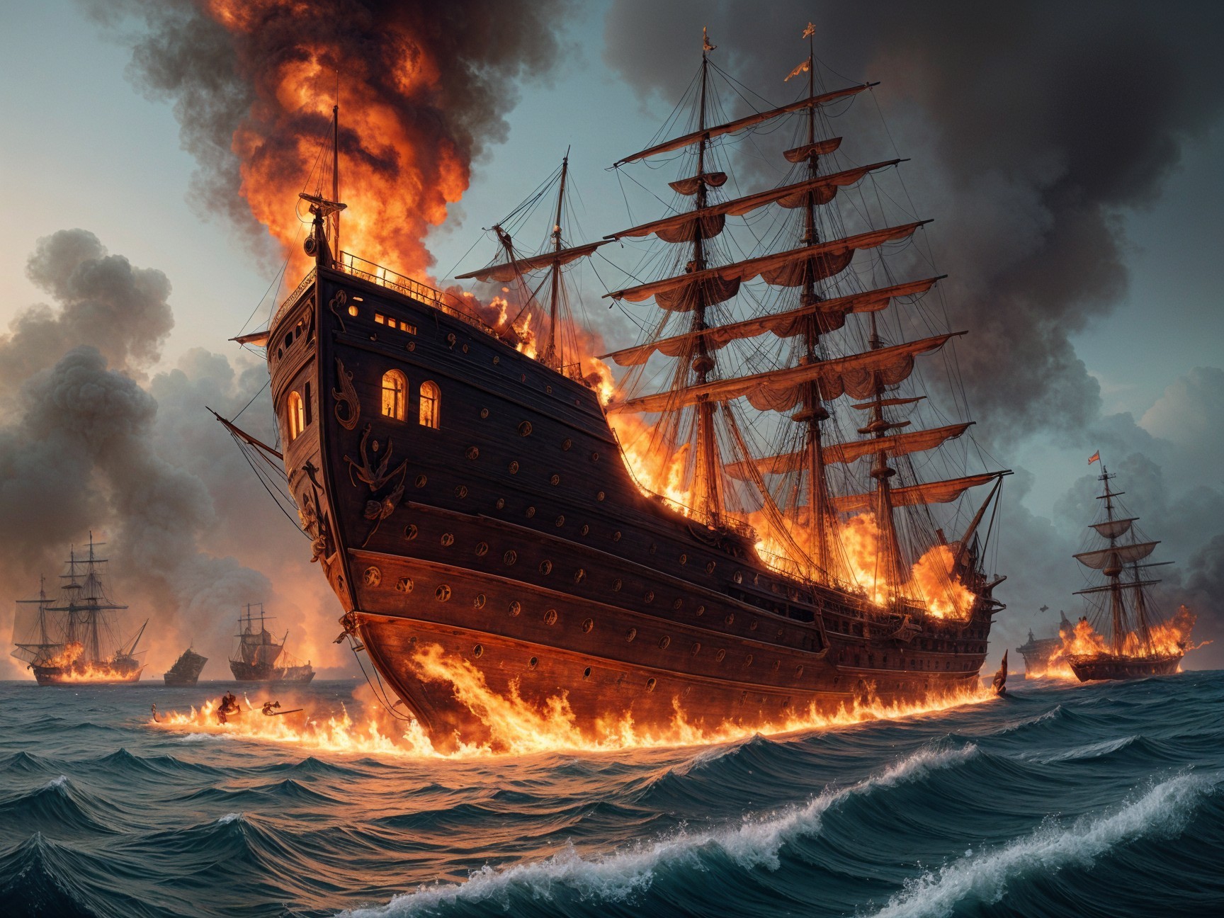 Dramatic Naval Scene of a Ship Engulfed in Flames