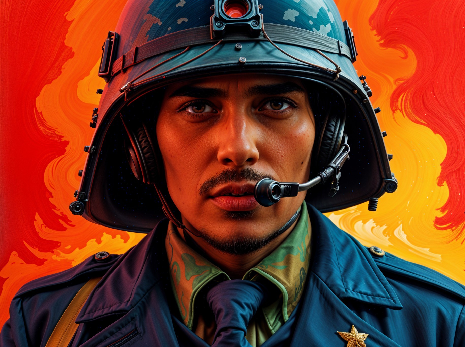 Close-Up Portrait of a Soldier in Helmet and Headset