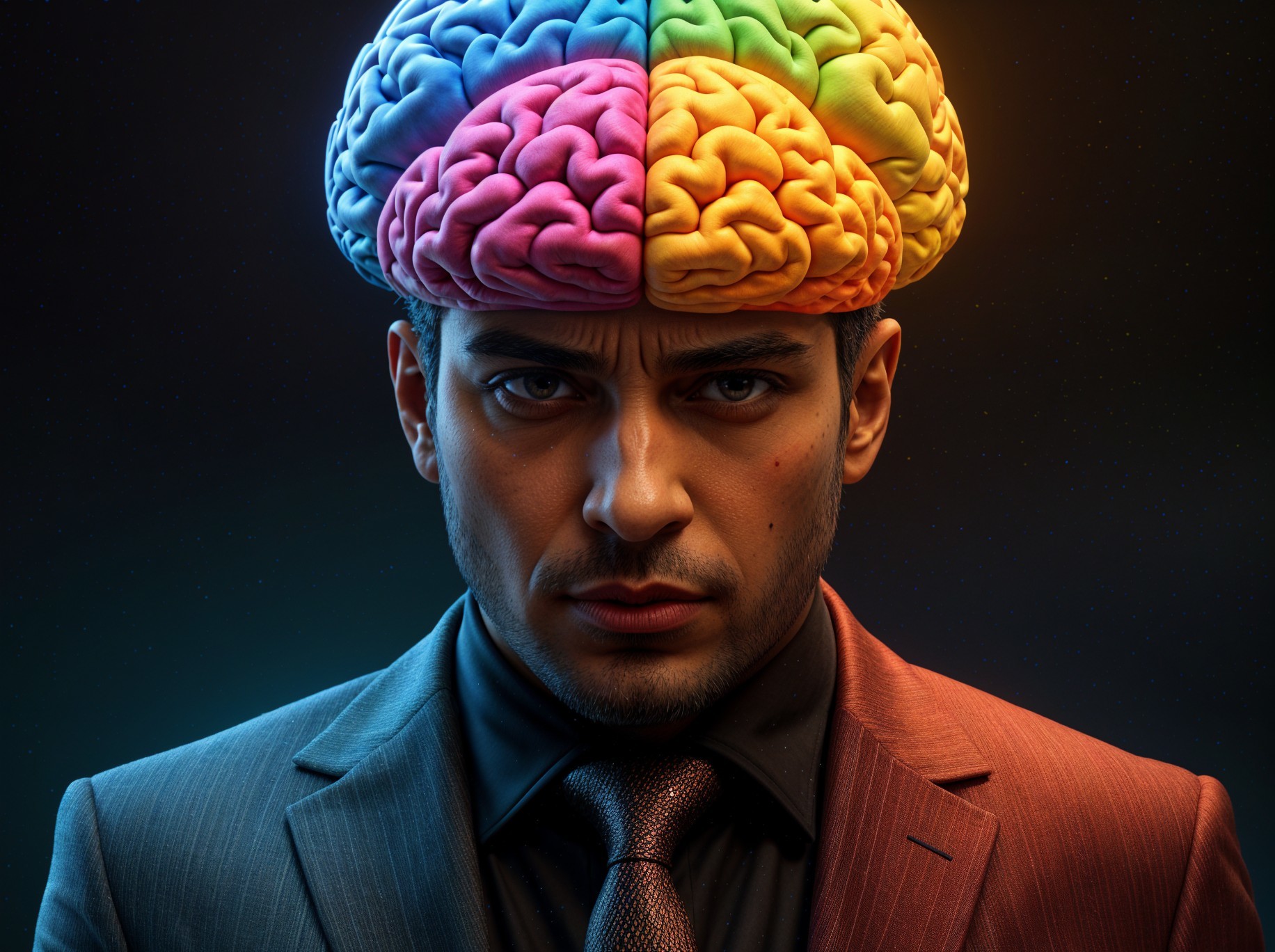 Man in Suit with Colorful Brain Against Cosmic Background