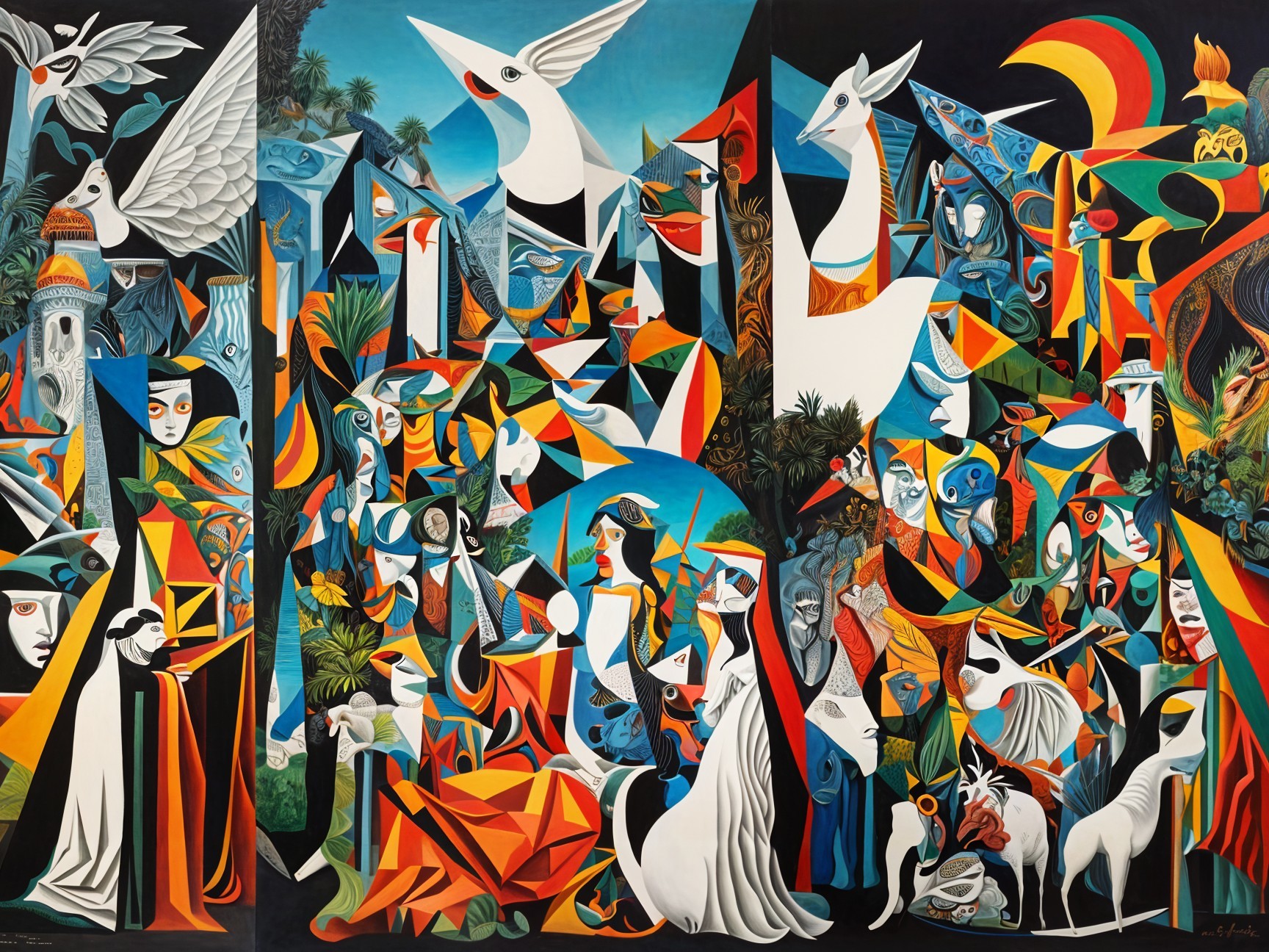 Vibrant Abstract Composition with Figures and Animals