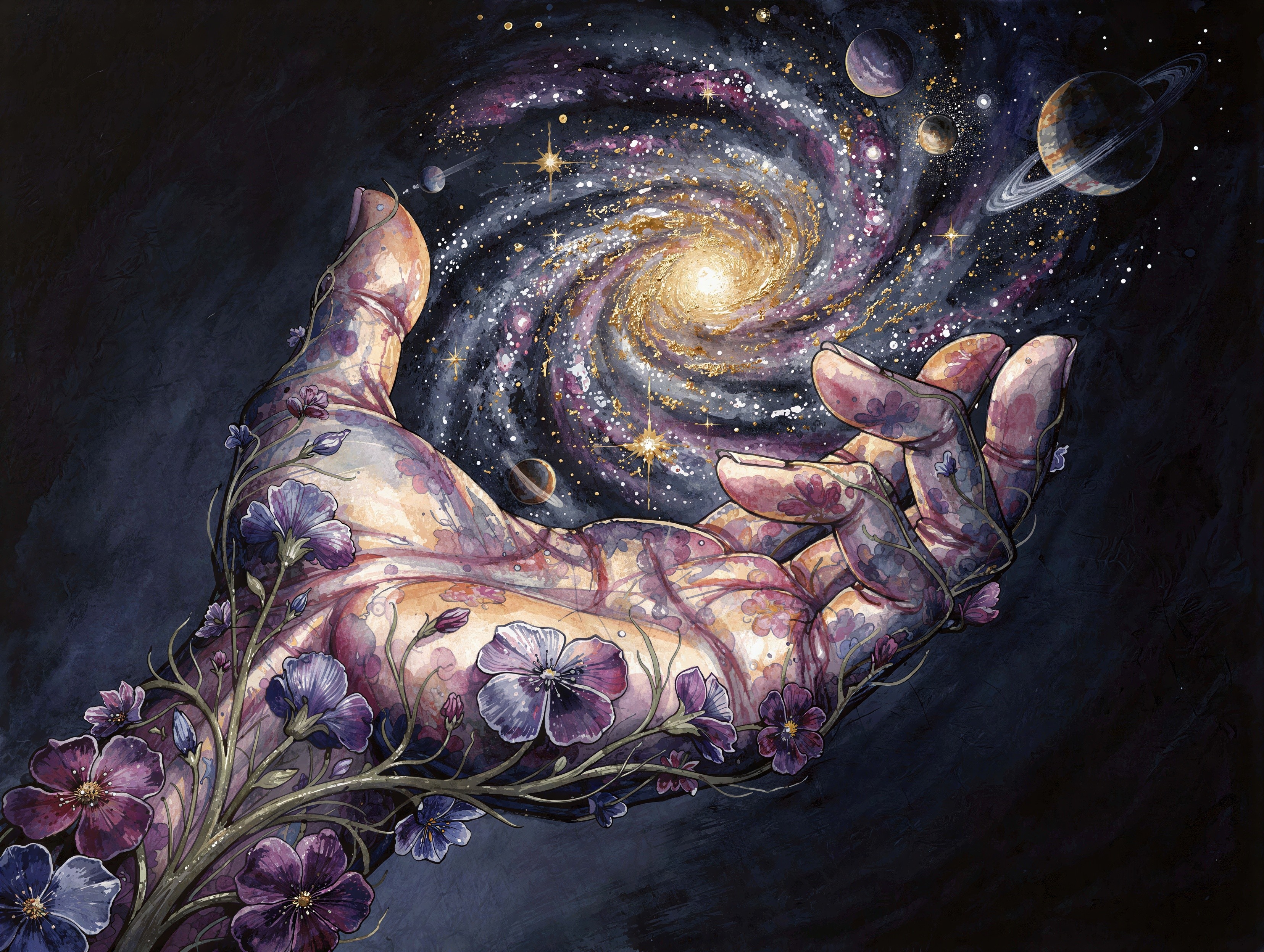 Watercolor Painting of a Cosmic Hand Cradling the Universe