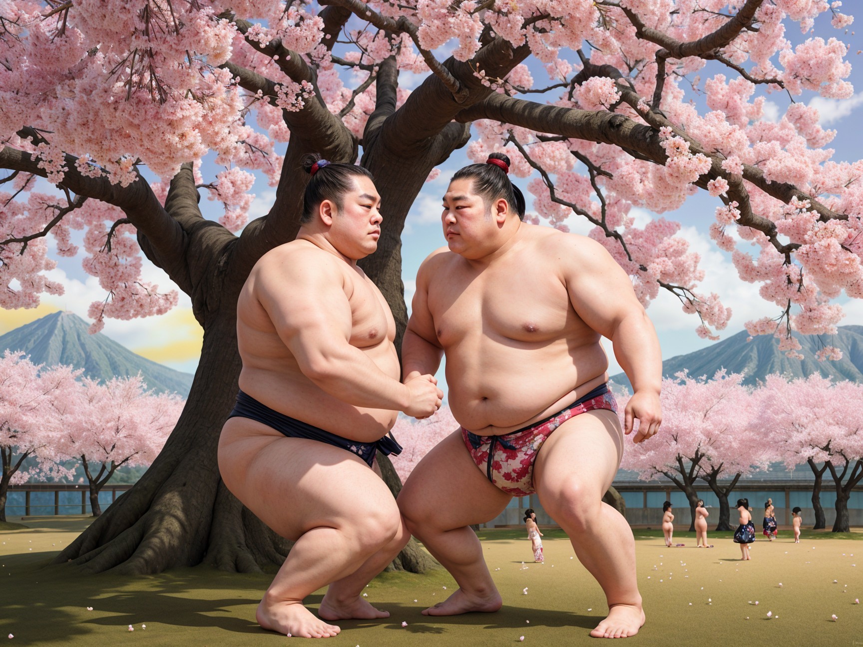 Sumo Wrestlers Compete Under Cherry Blossom Tree