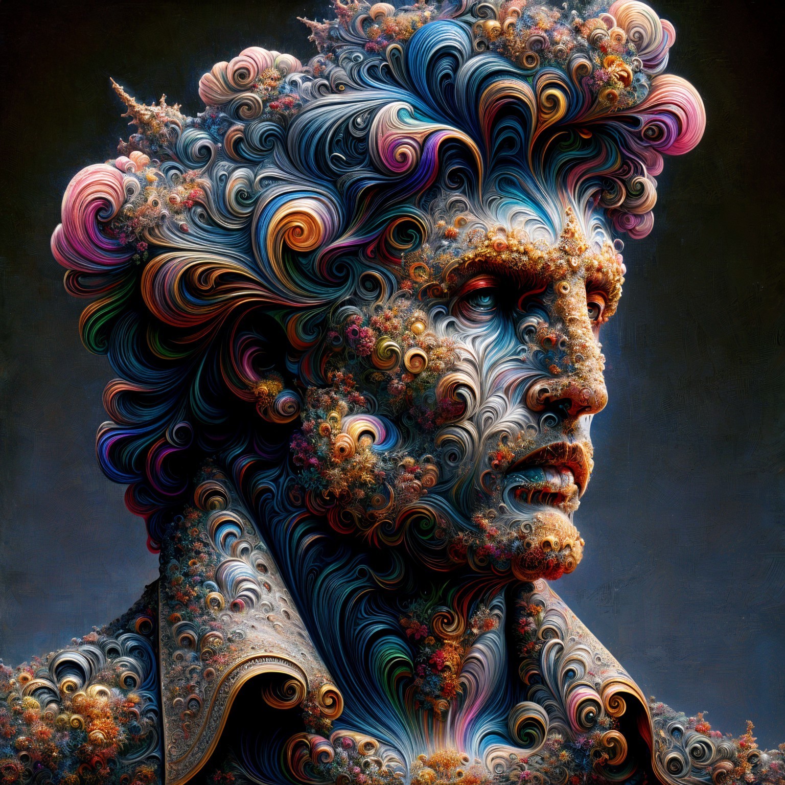 Stylized Human Figure with Vibrant Patterns and Colors