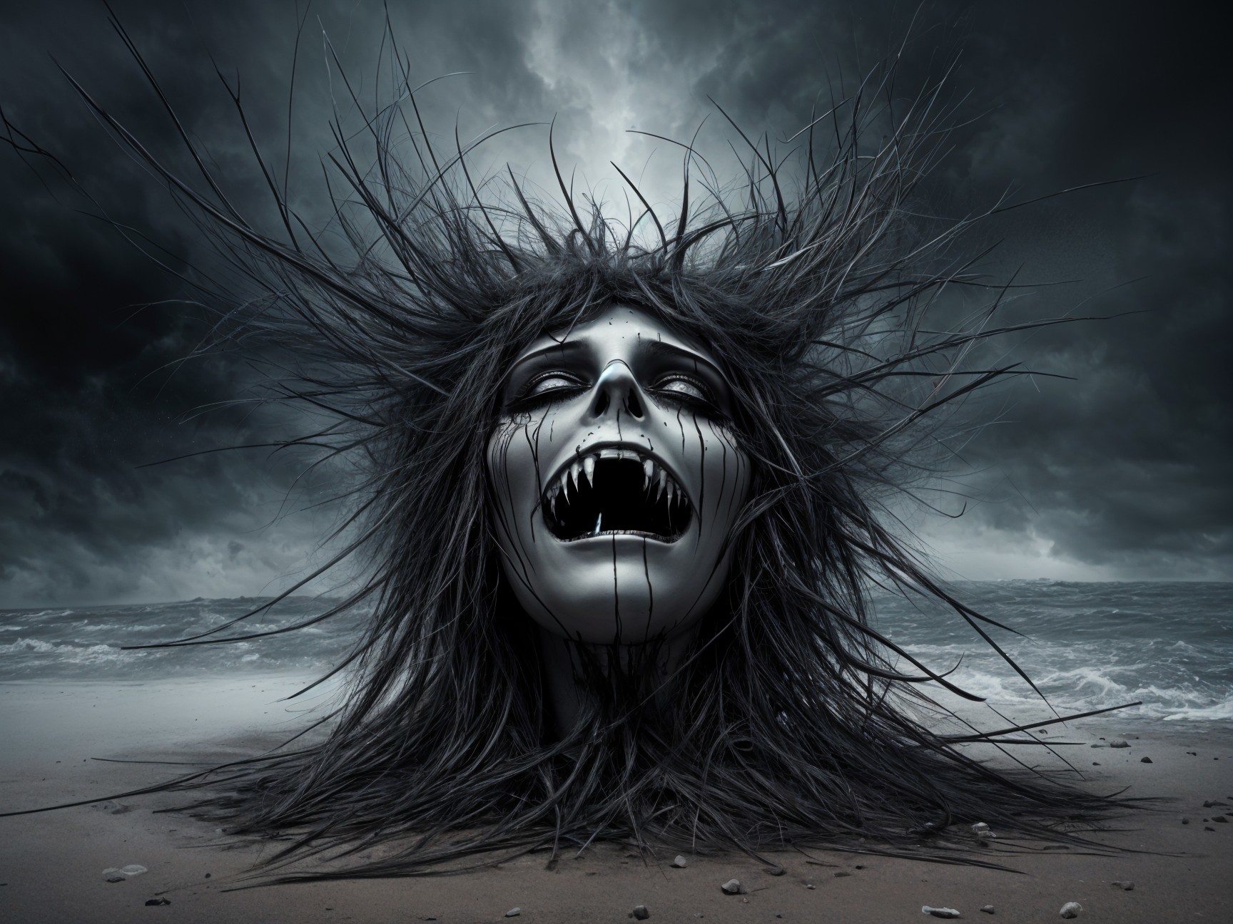 Haunting Scene of a Disembodied Head on a Beach