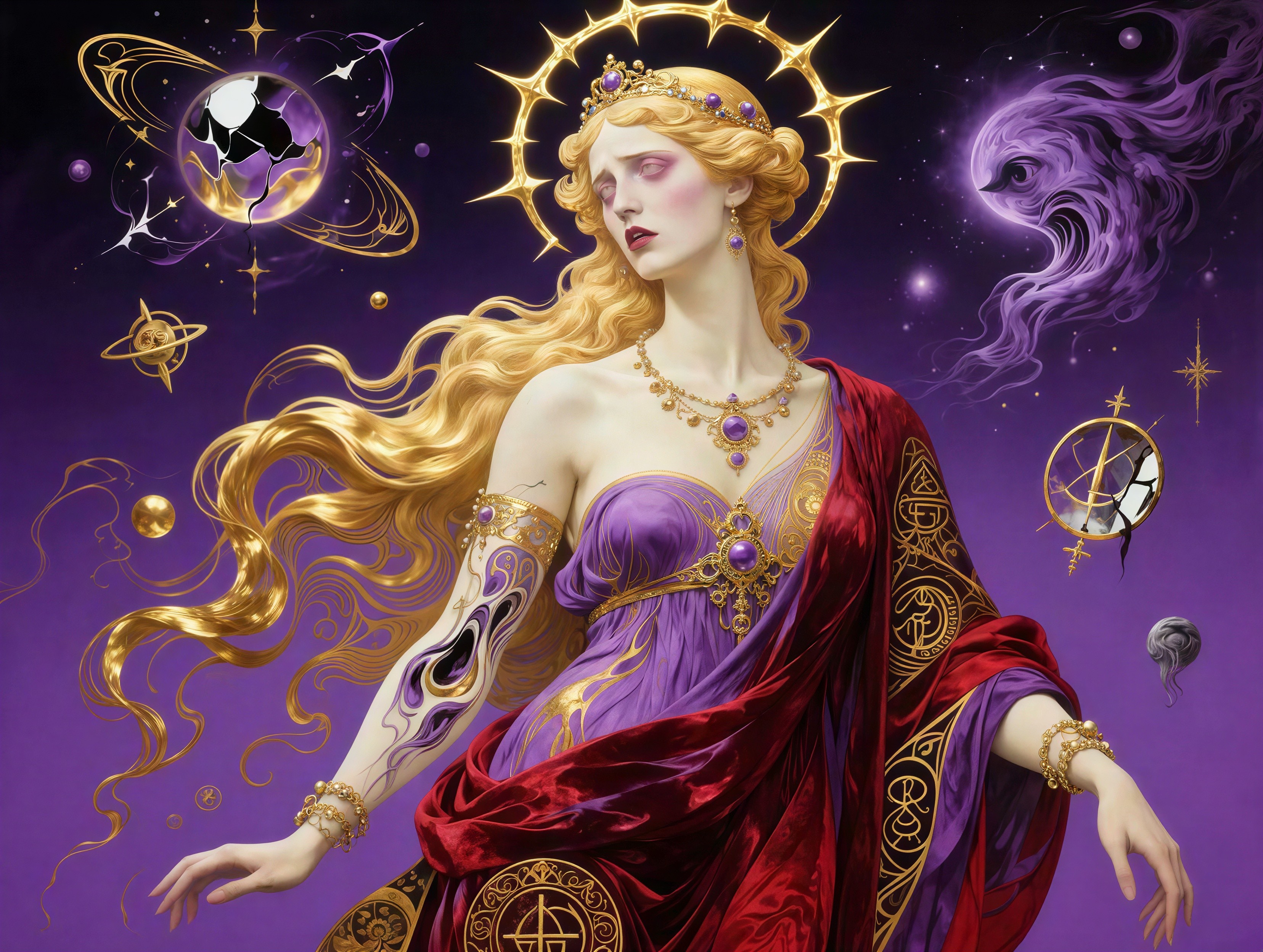 Goddess with Long Golden Hair and Celestial Elements