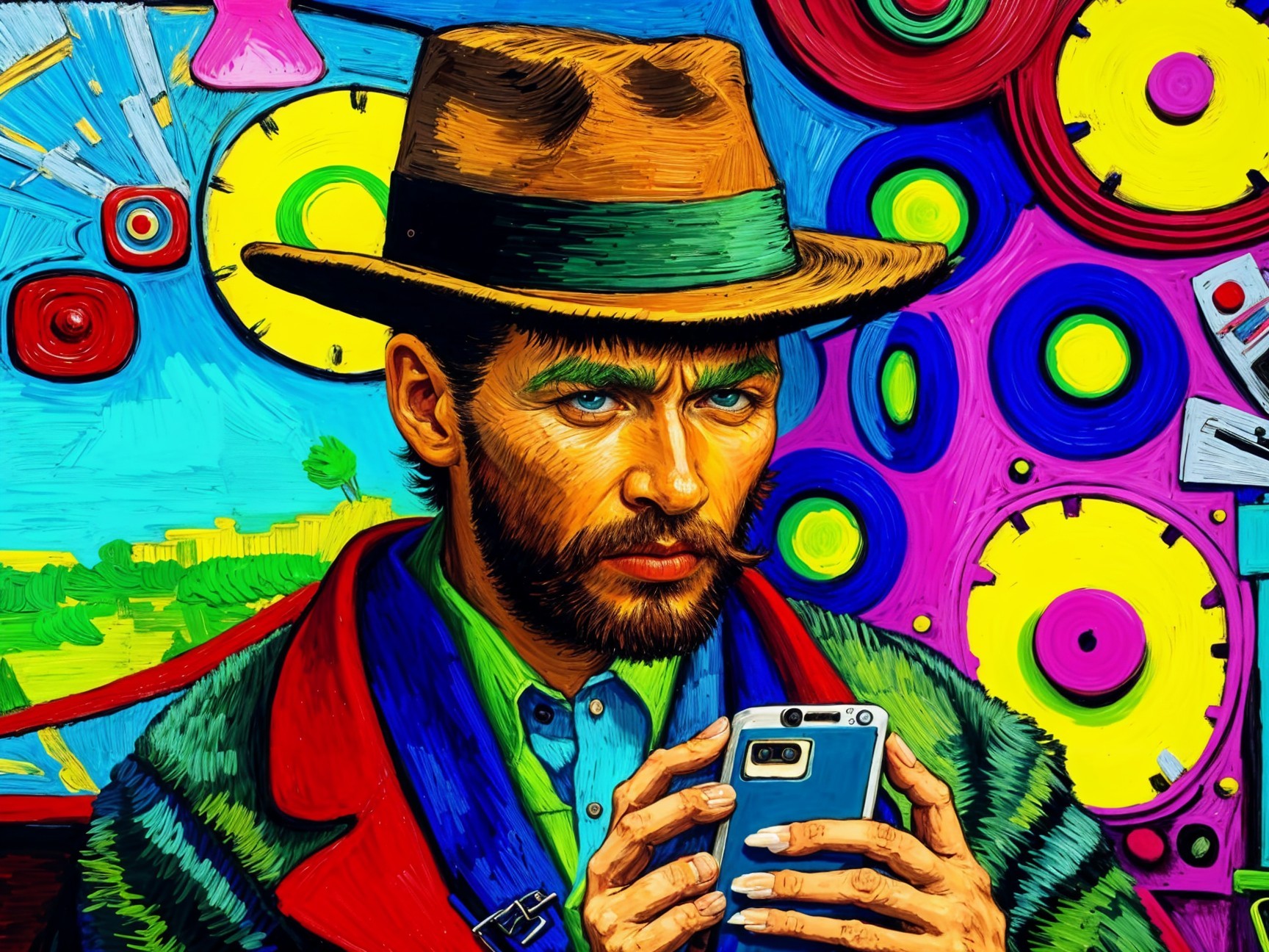 Portrait of a Bearded Man with Smartphone and Colorful Attire
