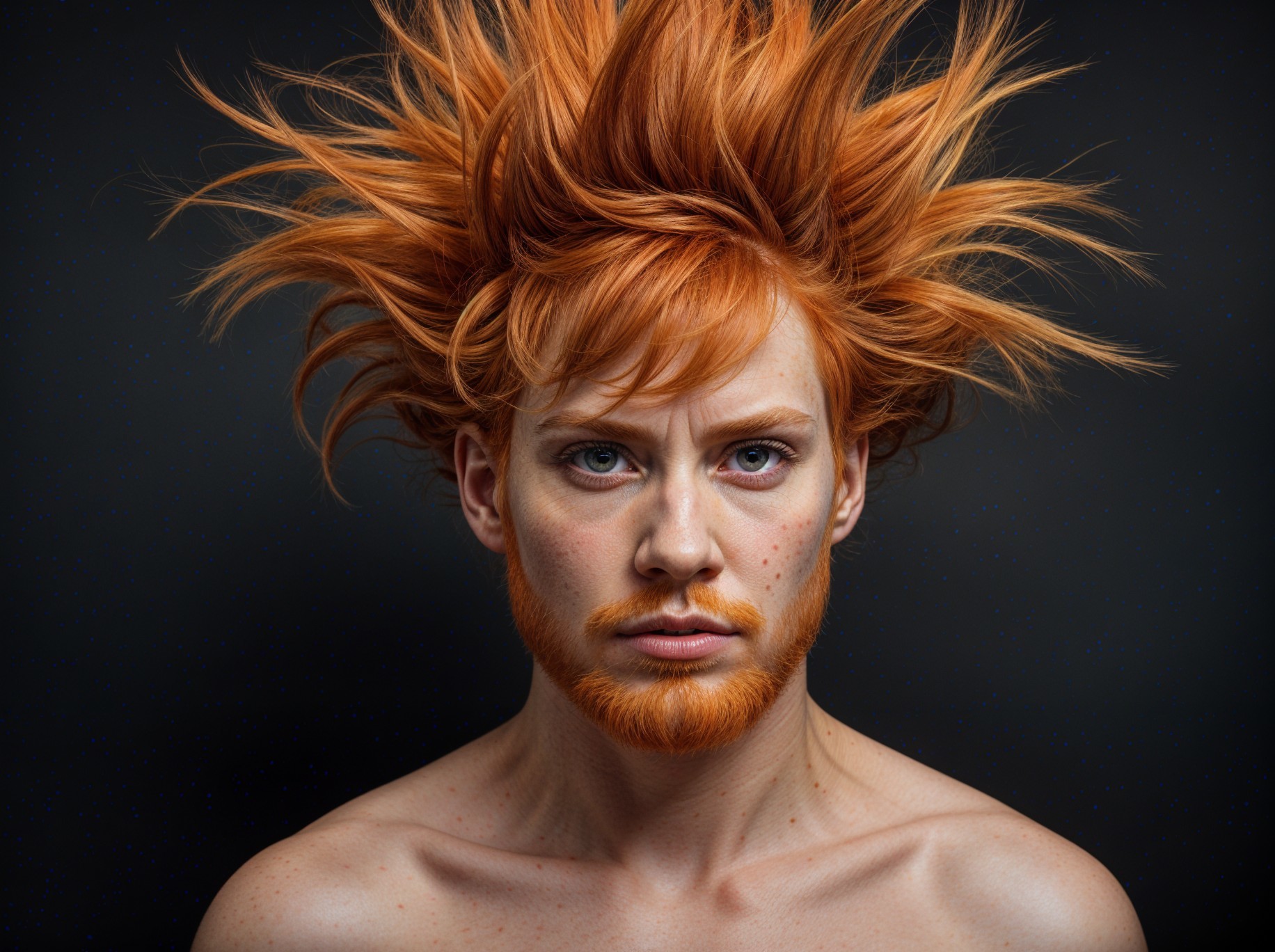 Person with vibrant orange hair and serious expression