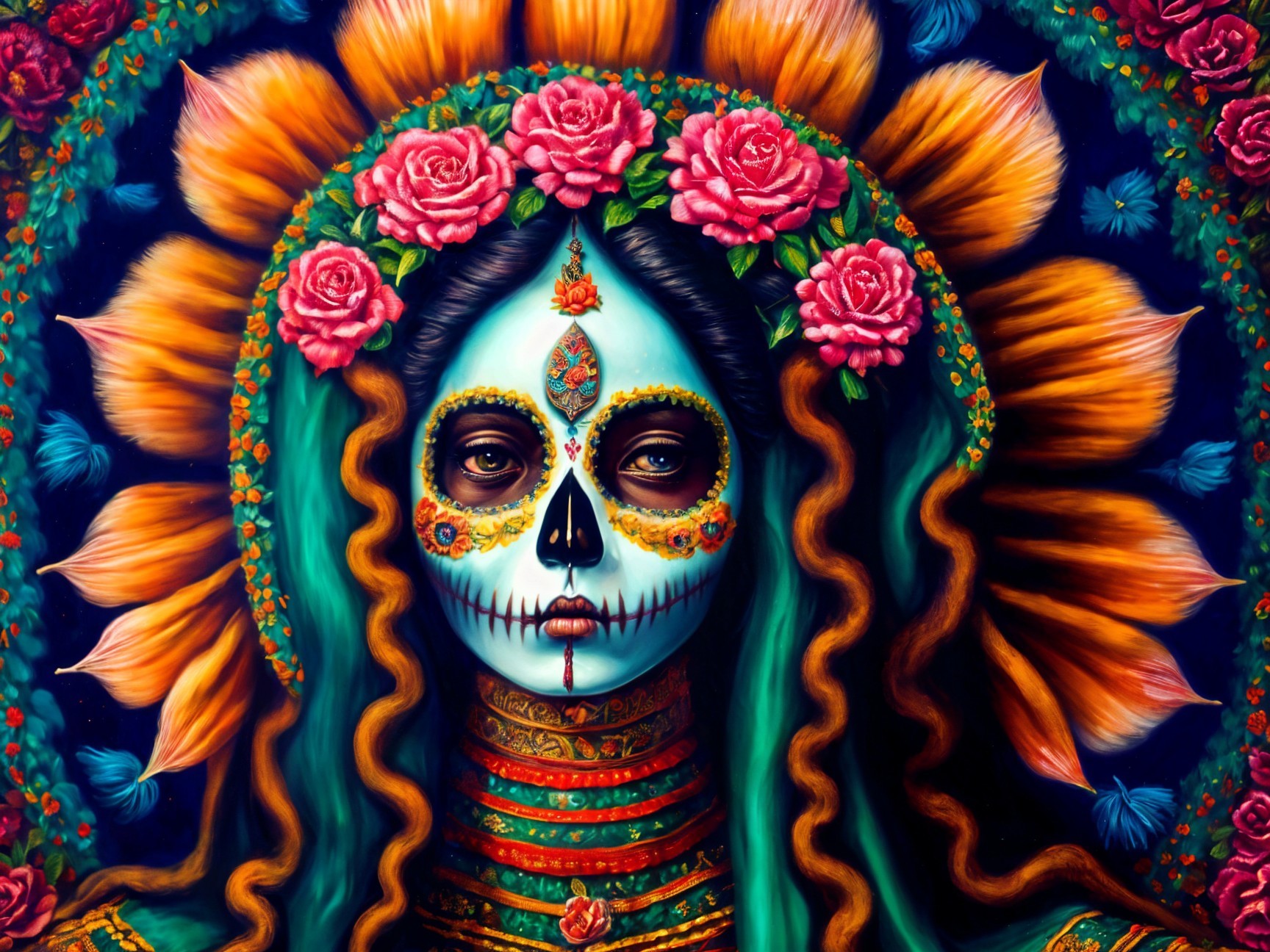 Vibrant Sugar Skull Makeup with Floral Background