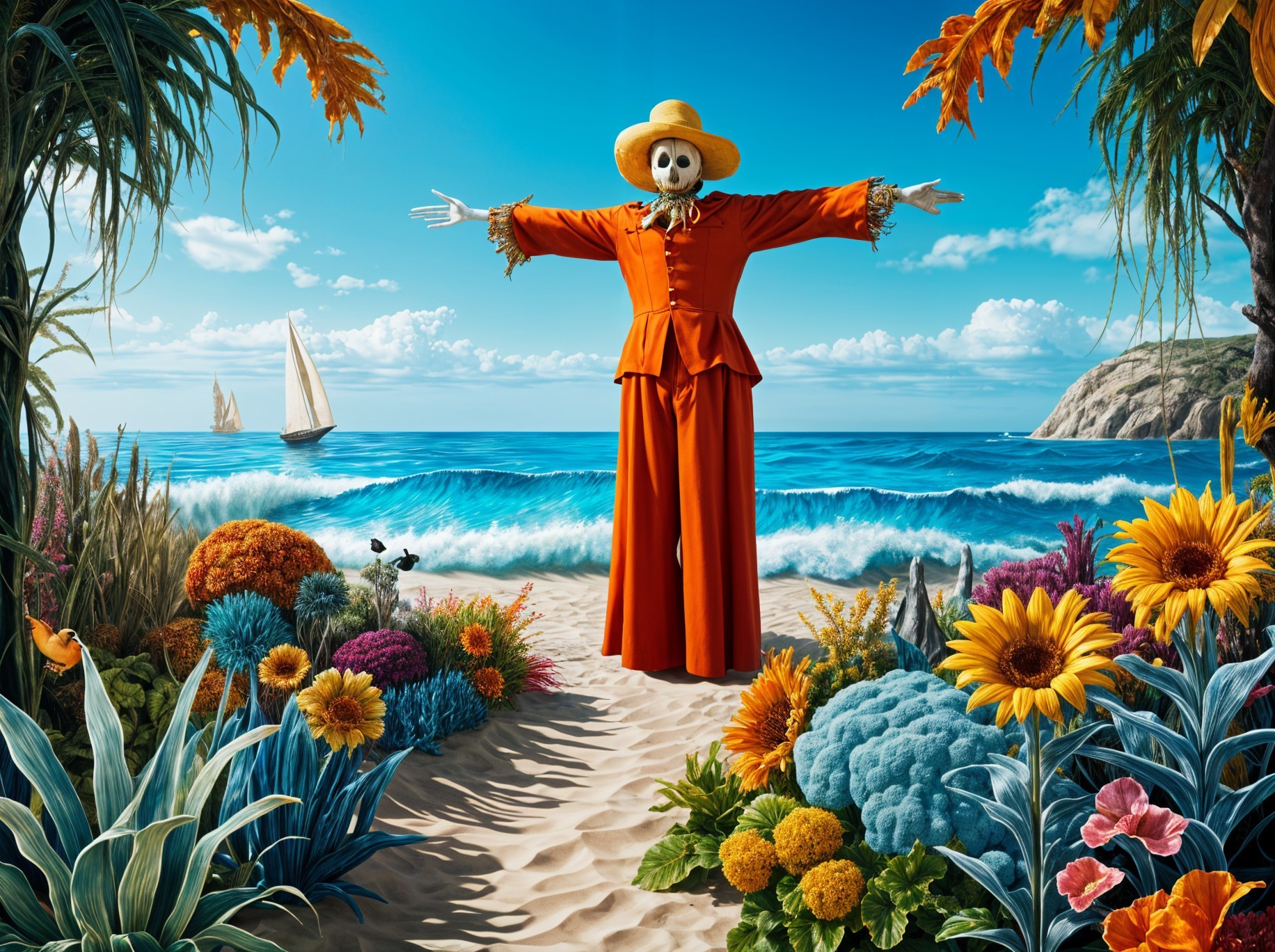 Whimsical Beach Scene with Scarecrow and Tropical Flora