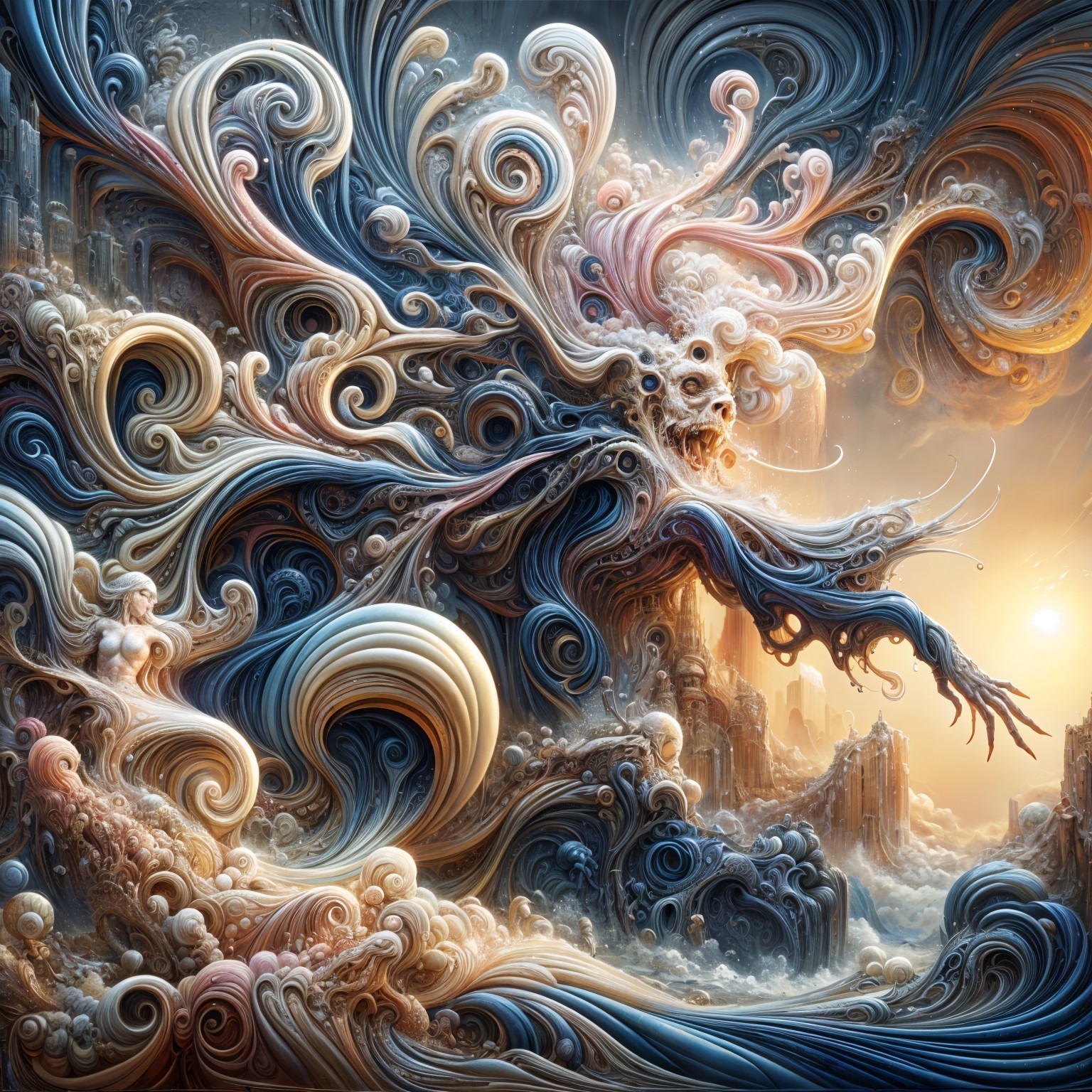 Surreal Composition with Ghostly Figure and Vibrant Patterns