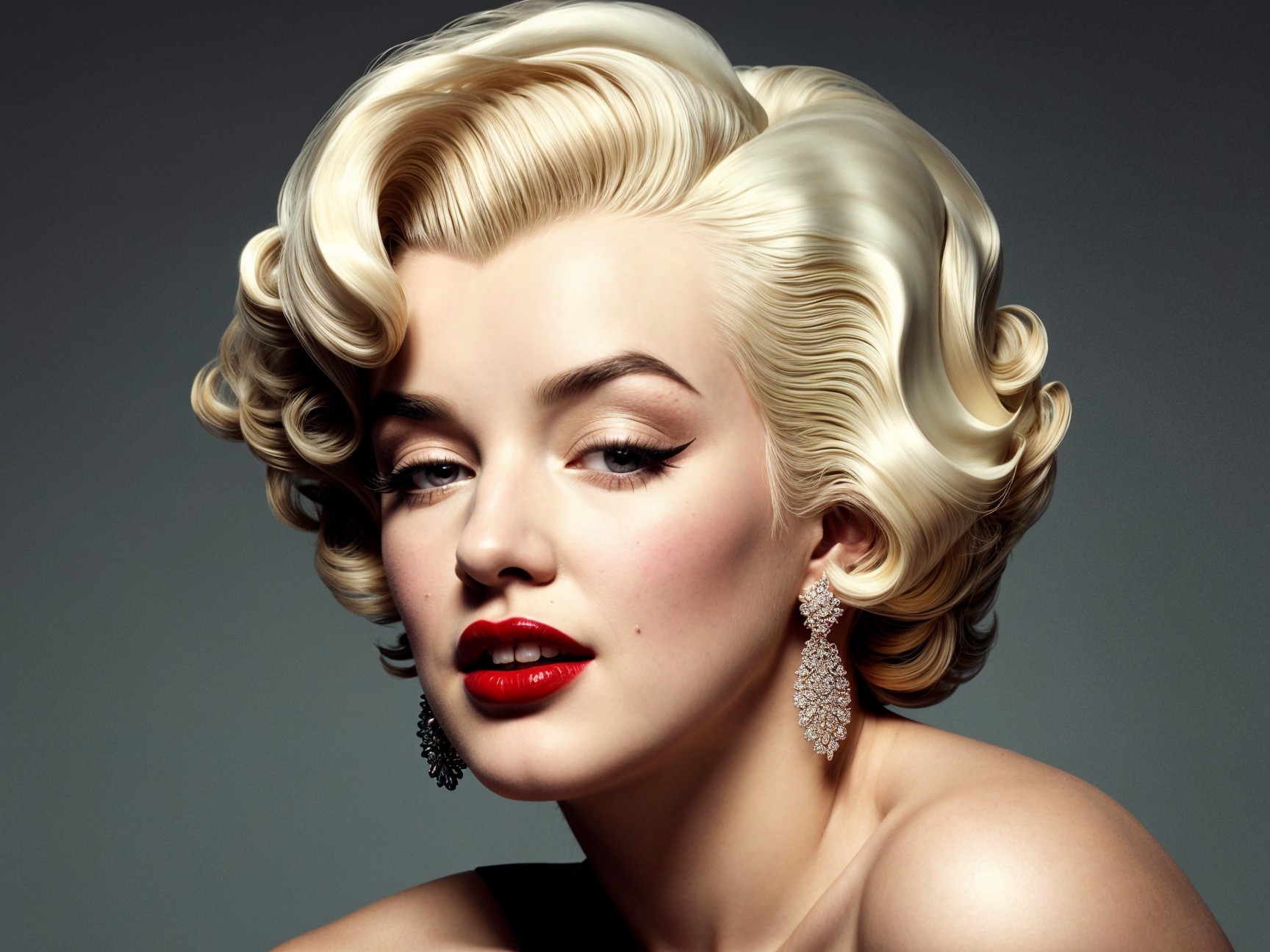 Glamorous woman with blonde curls and red lipstick