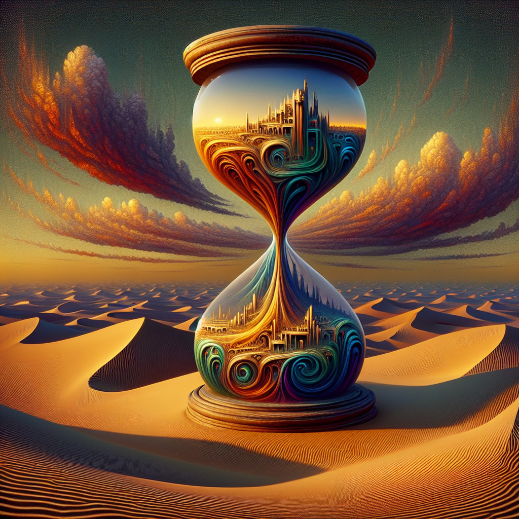 Intricate hourglass in desert with cityscape and sky