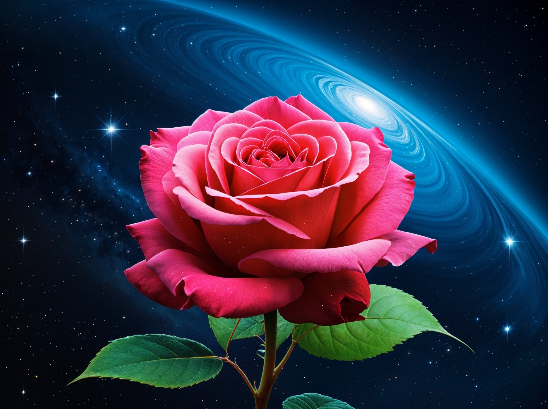 Vibrant Pink Rose Against Cosmic Galaxy Backdrop
