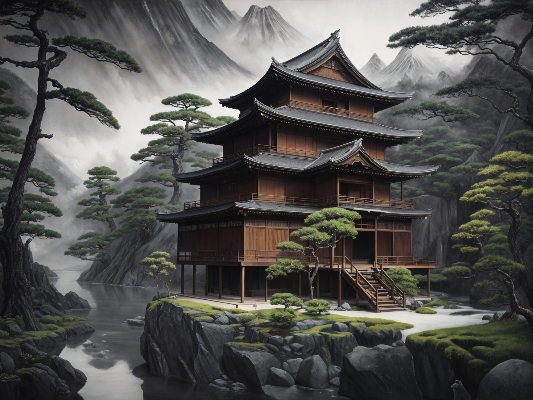 Wooden pagoda by tranquil river with misty mountains