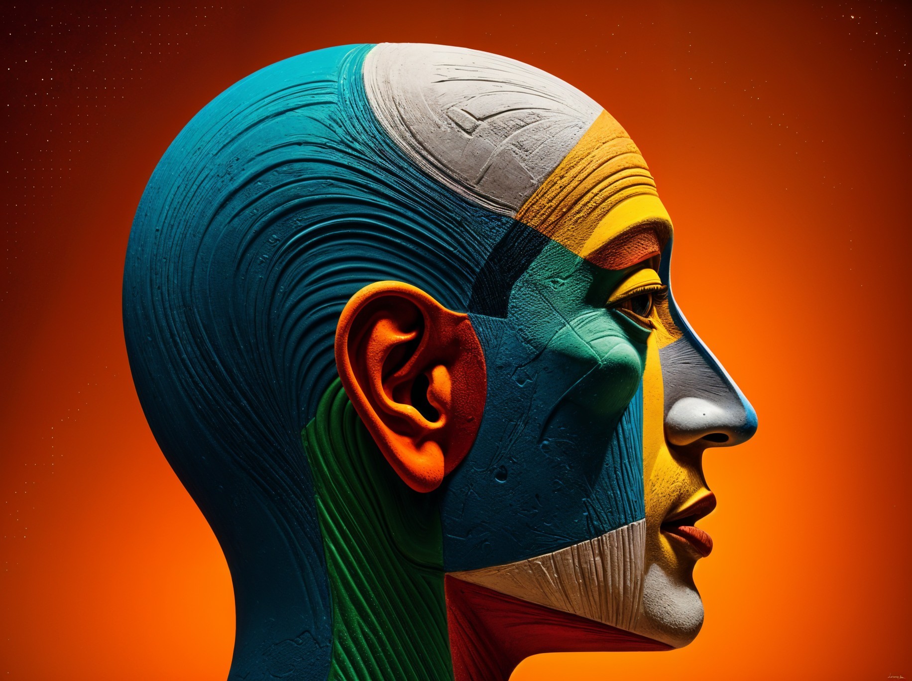 Surreal Stylized Head in Bold Colors and Textures