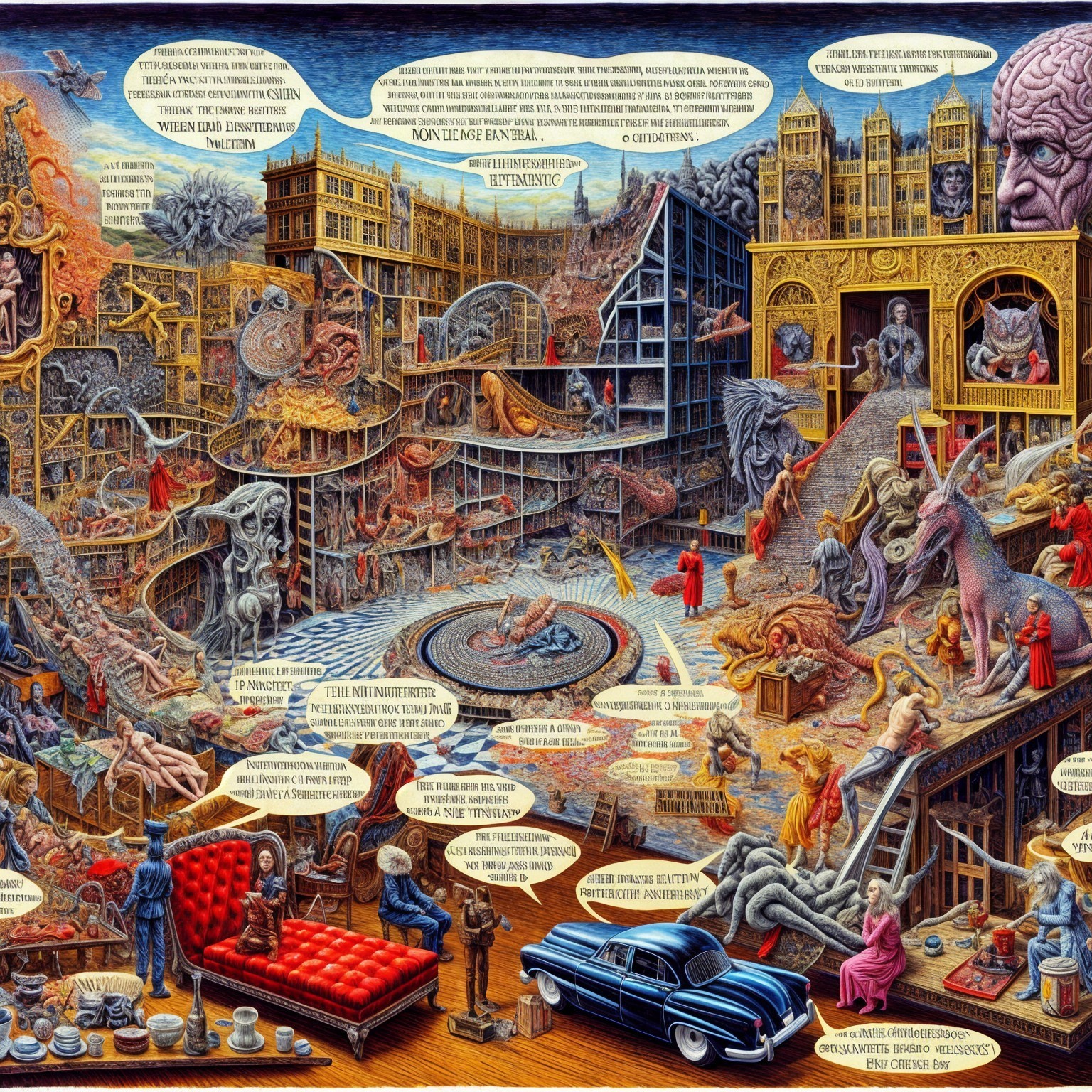 Surrealistic tableau with whimsical characters and architecture