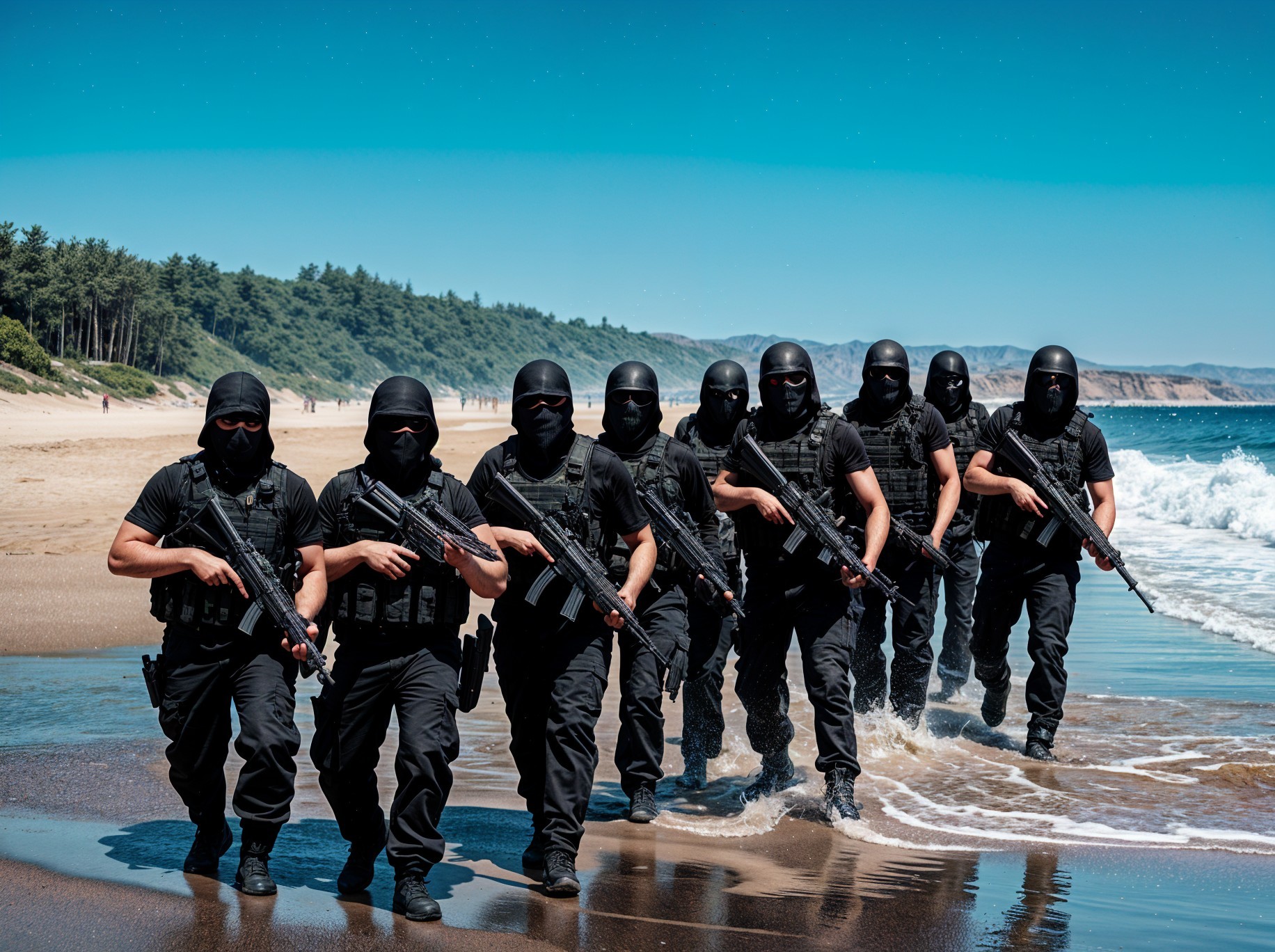Heavily Armed Individuals in Tactical Gear on Beach