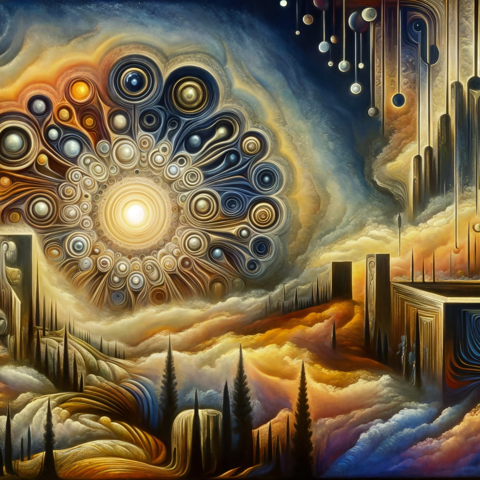 Cosmic Landscape with Radiant Sun and Ethereal Clouds