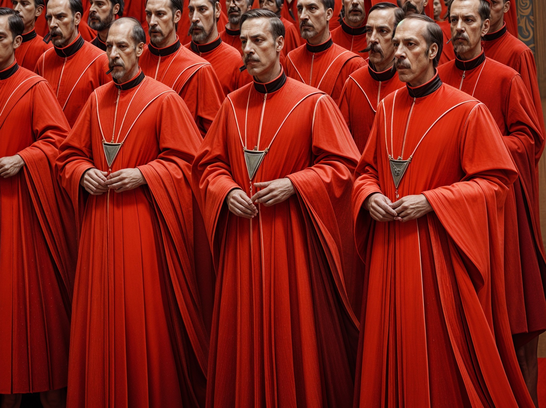 Men in Red Robes with Triangular Pendants in Formation
