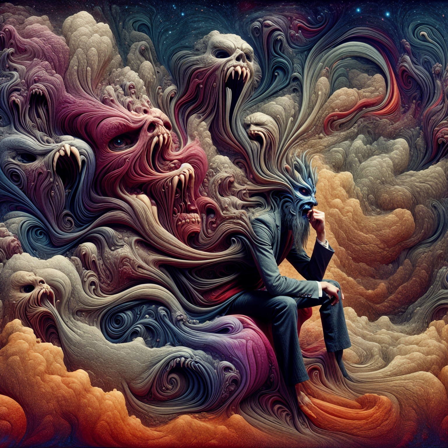 Surreal Scene with Figure in Suit and Vibrant Clouds