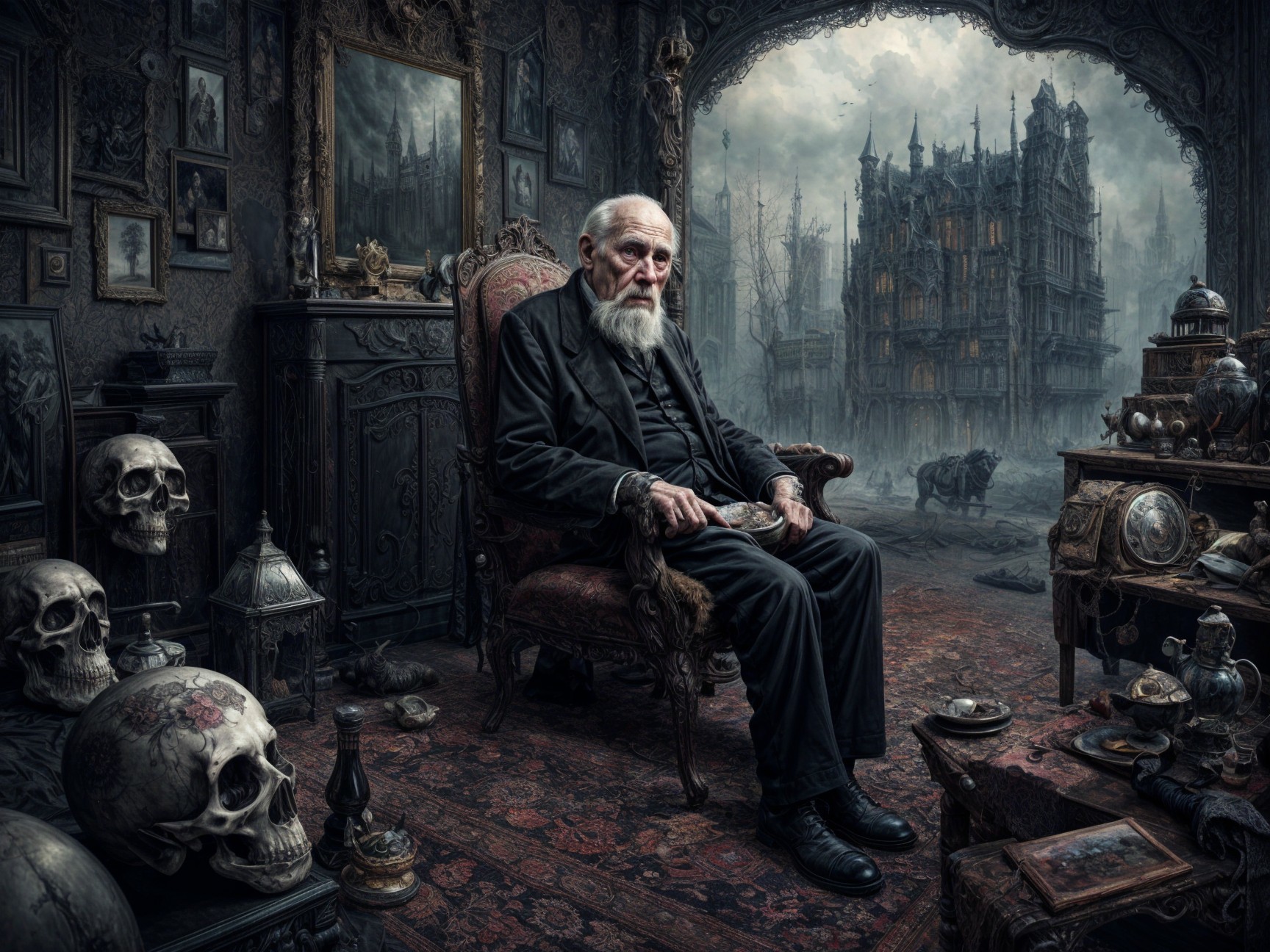 Gothic Room with Elderly Man and Haunting Mansion View