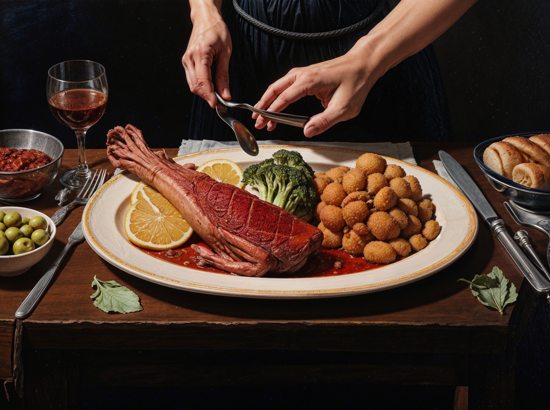 Elegant Table Setting with Roasted Meat and Sides