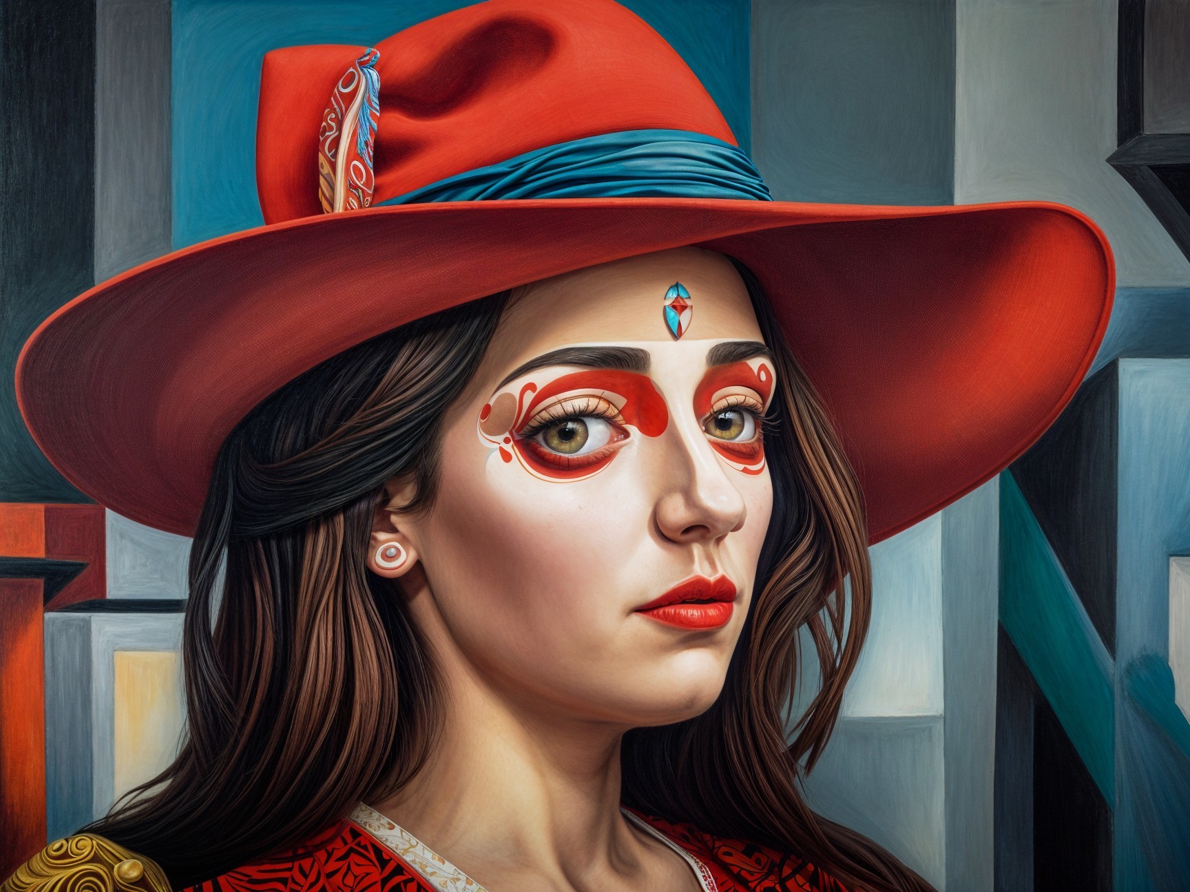 Portrait of a woman in a red hat with face paint