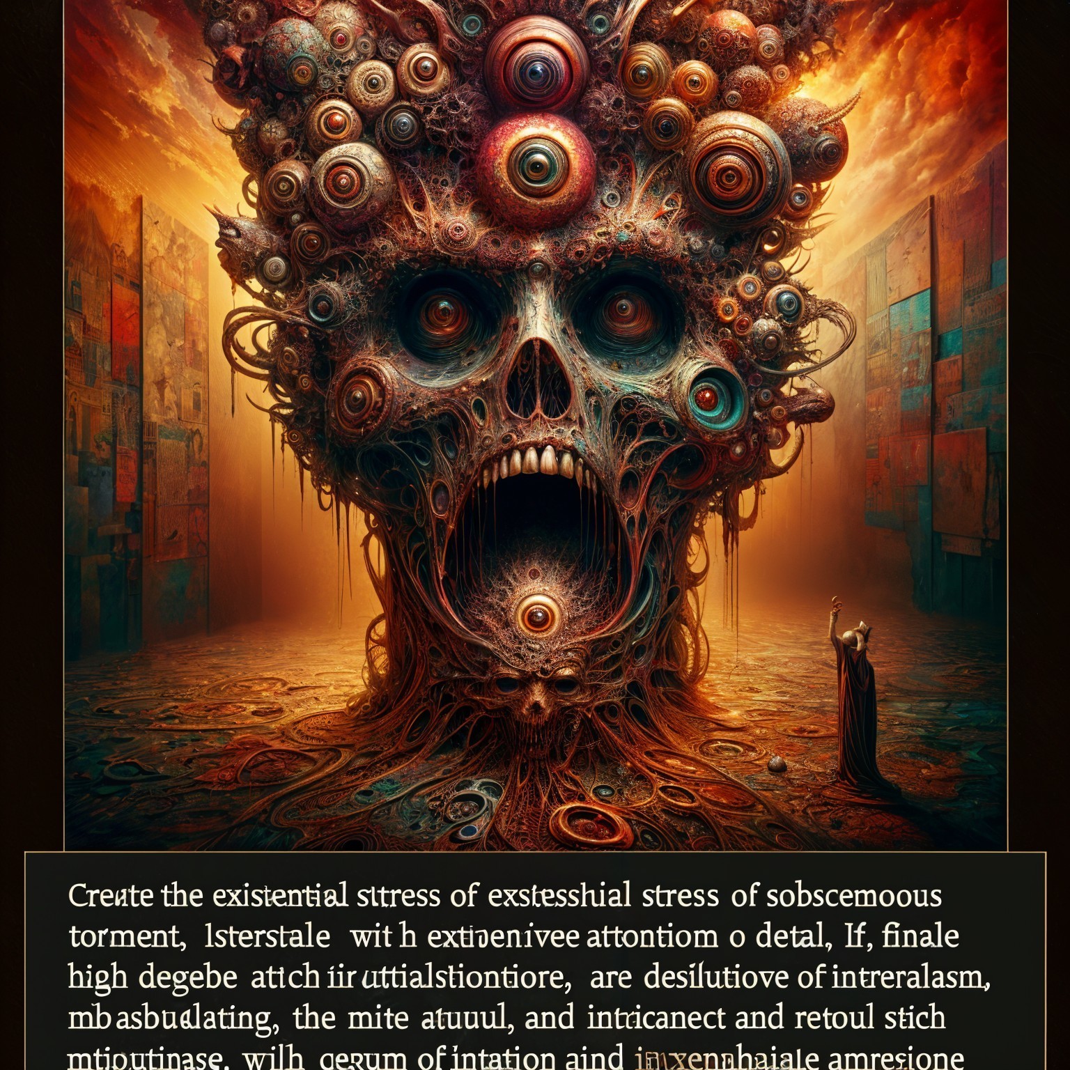 Surreal Monstrous Face with Colorful Orbs and Patterns