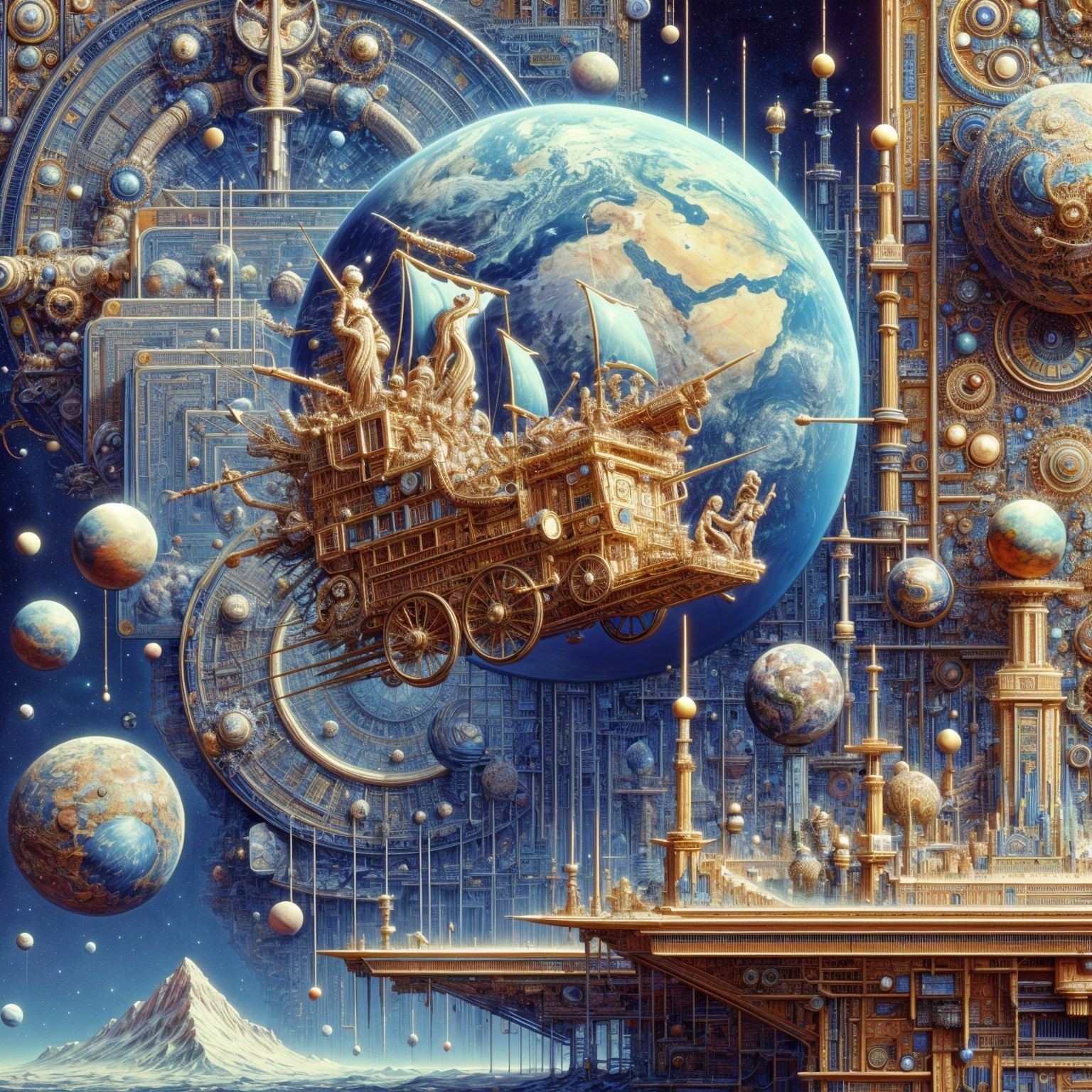 Steampunk Airship in a Cosmic Landscape with Earth