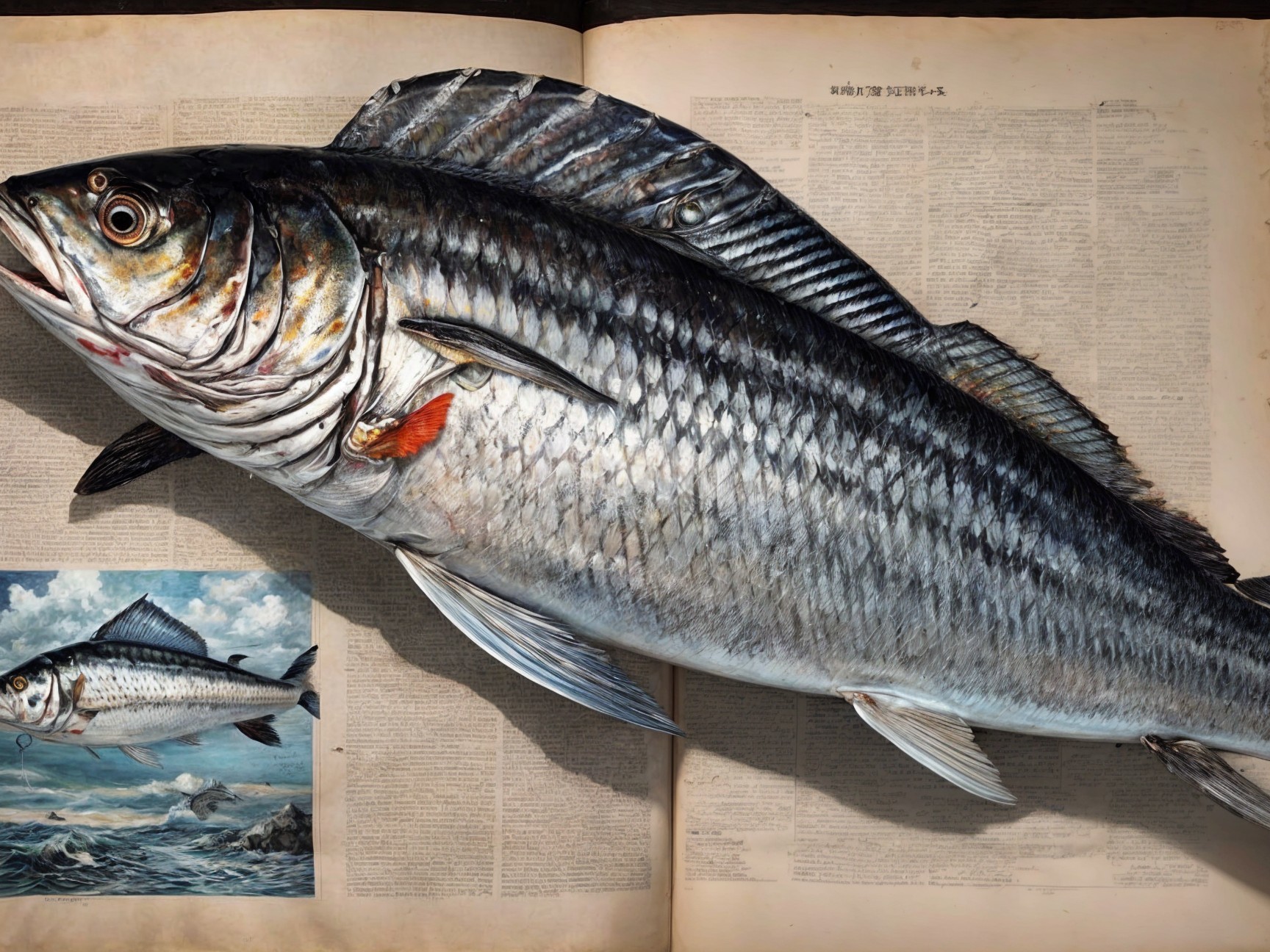 Detailed Fish on Illustrated Book Pages