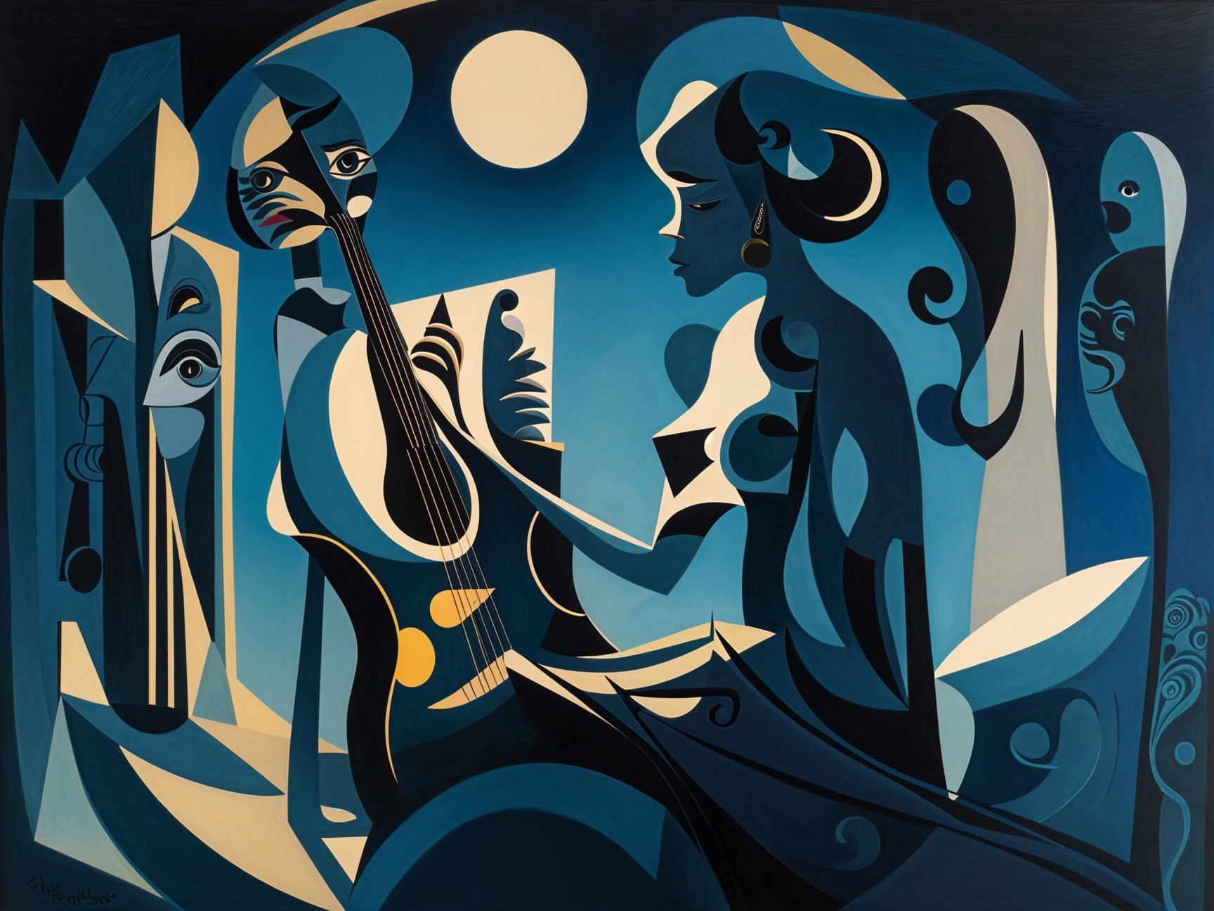 Abstract Painting of Two Figures in Night Setting