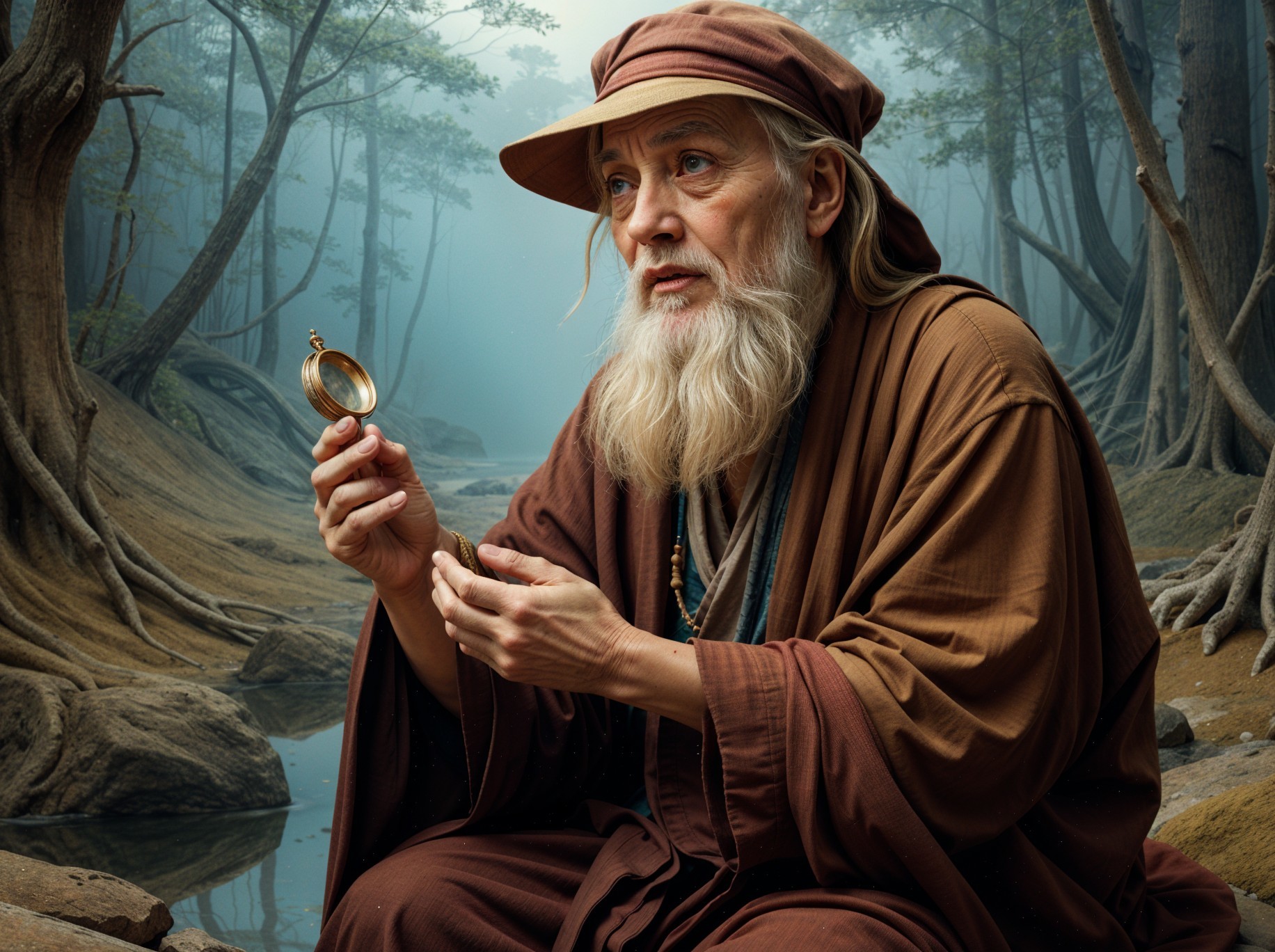 Elderly man with compass by misty riverbank scene