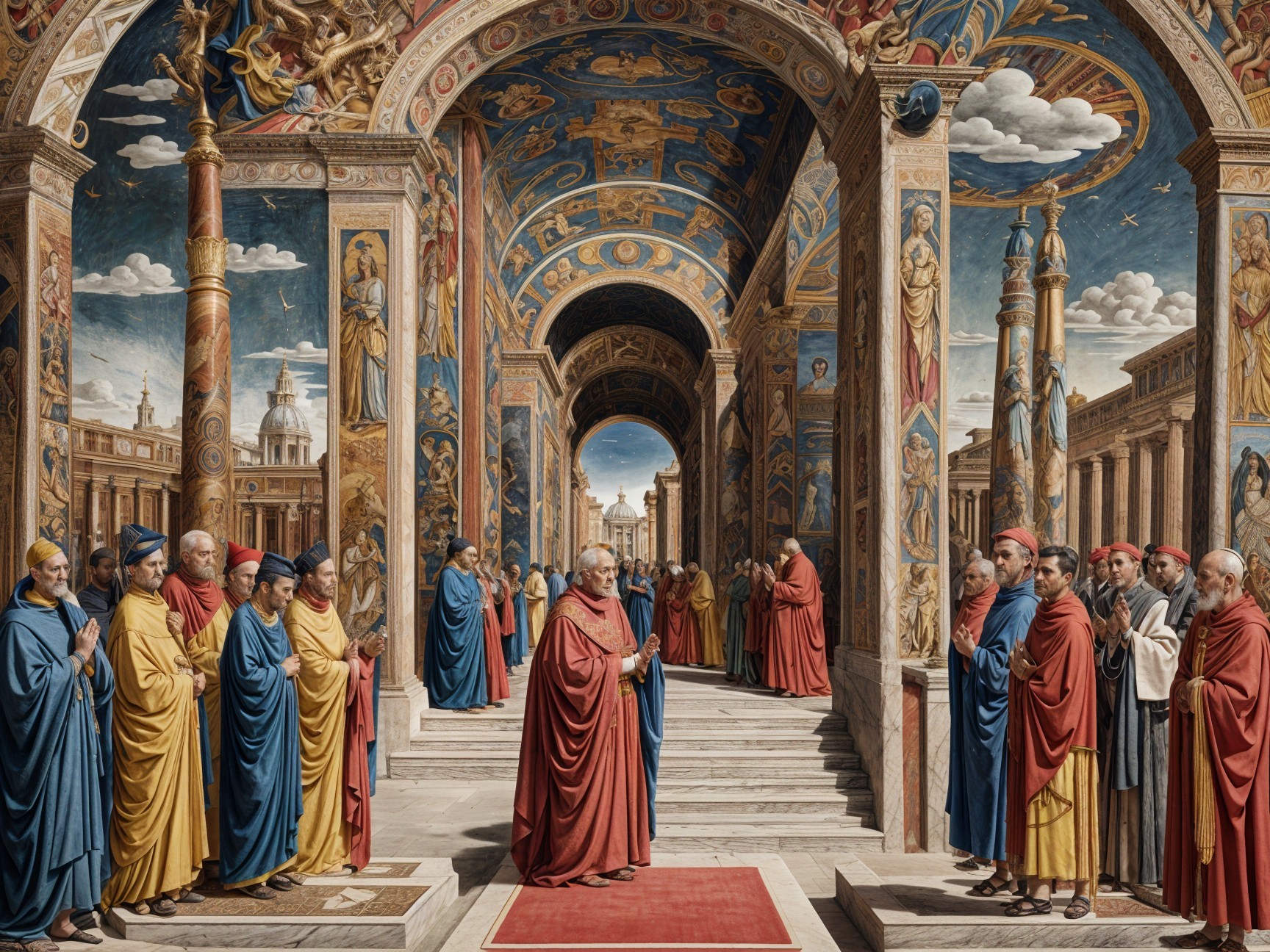 Grand architectural hall with frescoes and ornate columns