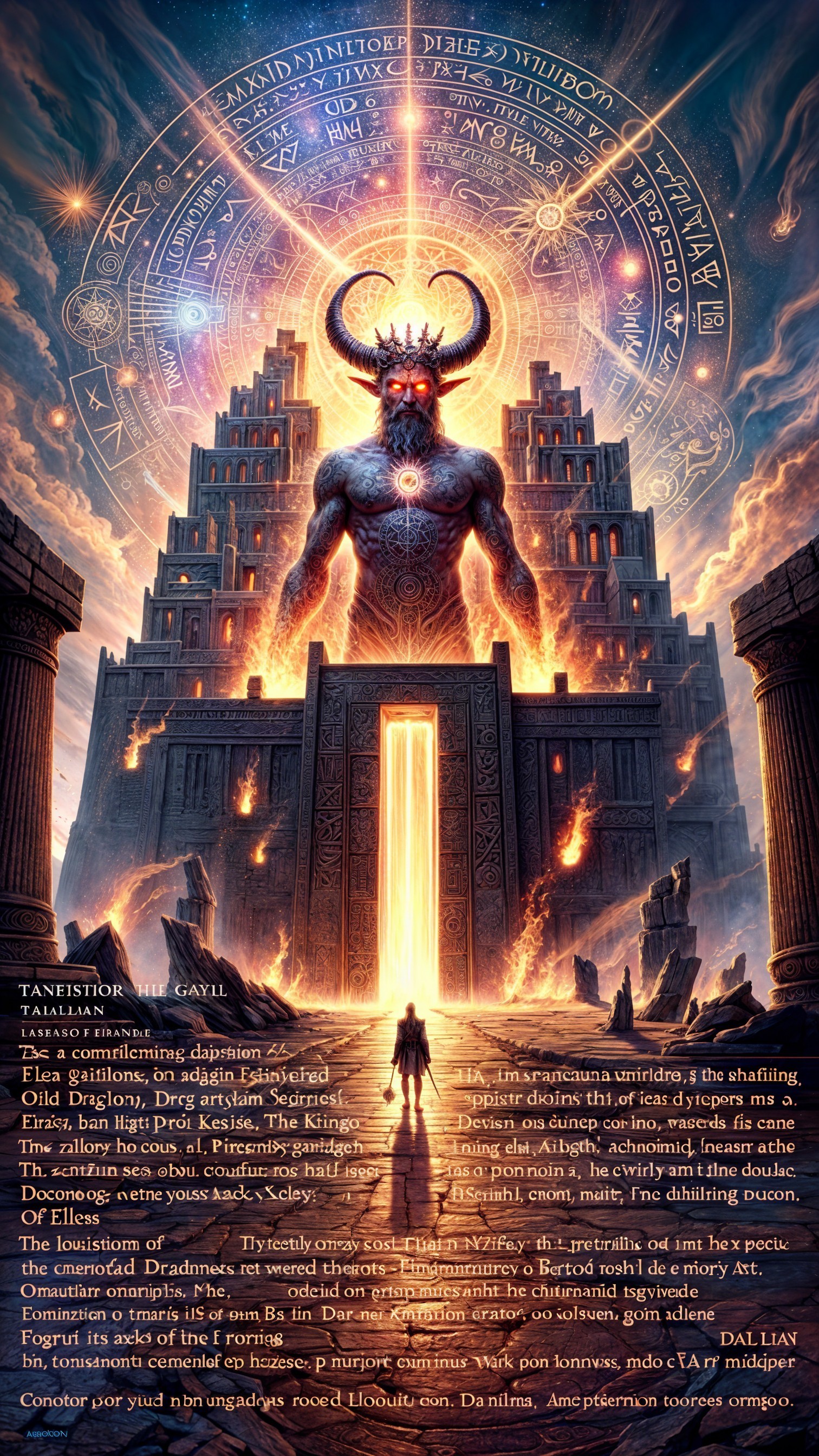 Symbolic Figure Before Ornate Gates in Cosmic Setting
