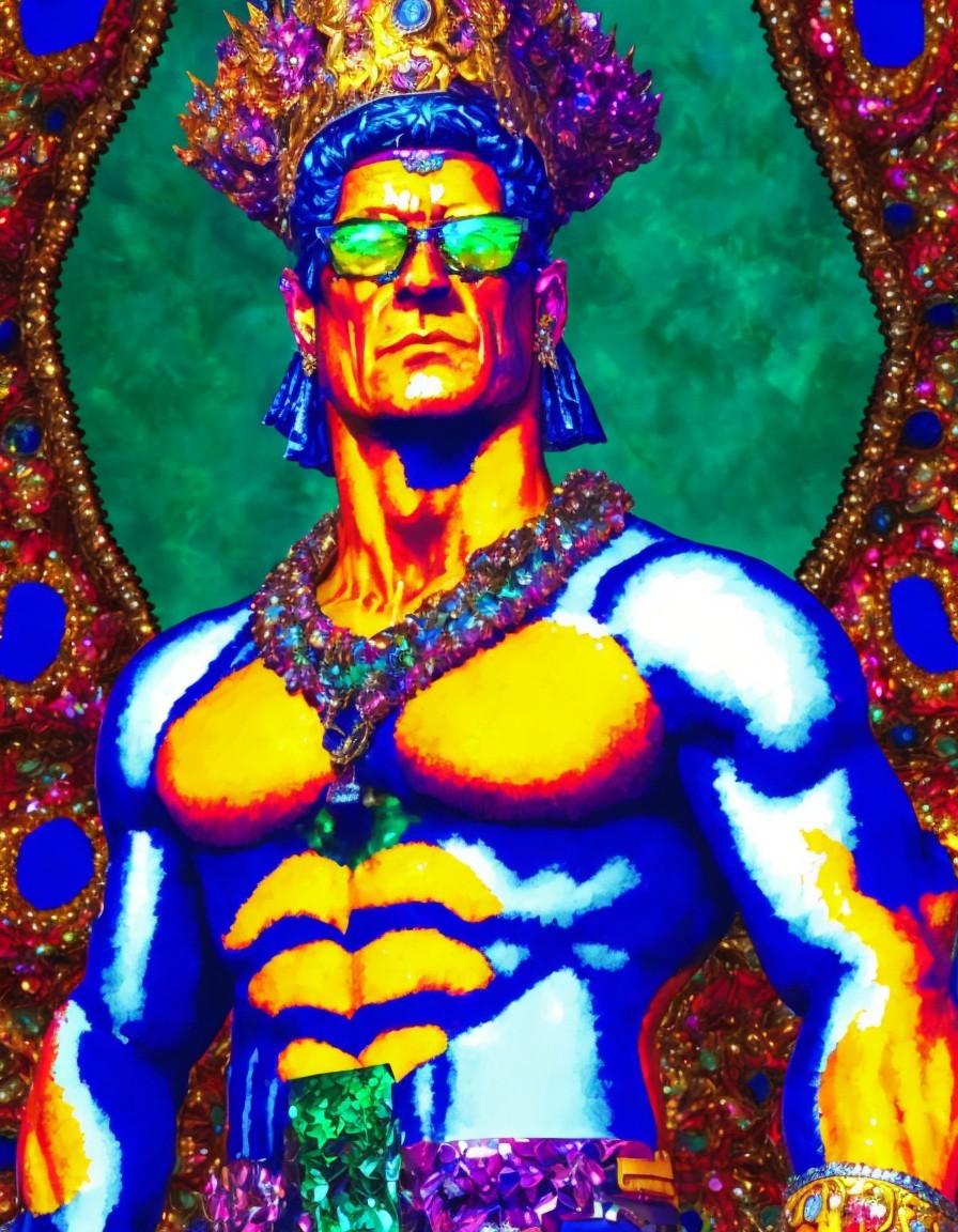 Vibrant Sculpted Figure with Crown and Sunglasses