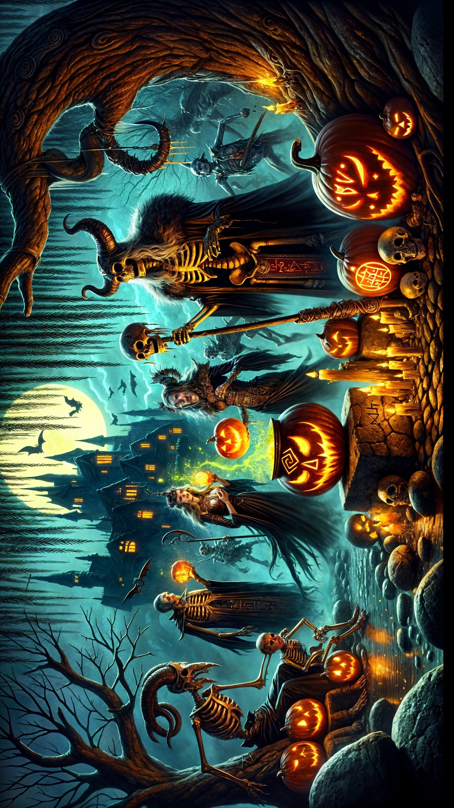 Eerie Halloween Scene with Skeletons and Jack-o'-Lanterns